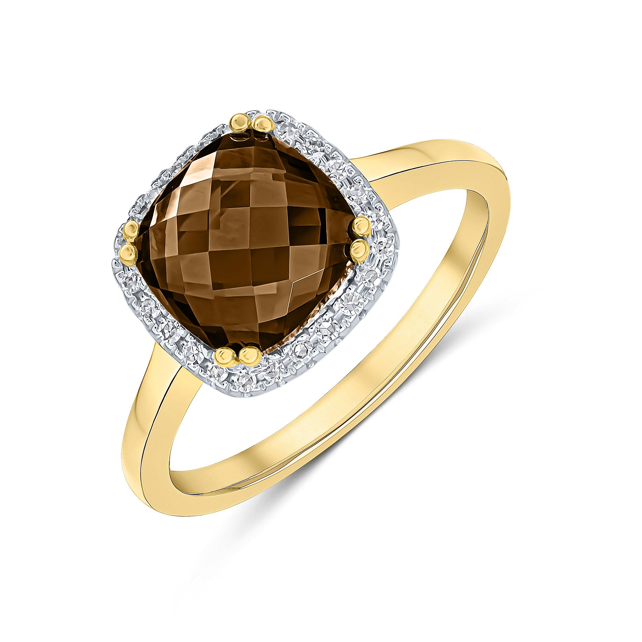 9ct Yellow Gold 8mm Checkerboard Cut Cushion Smoky Quartz and Round Diamond Claw Set Cluster Ring