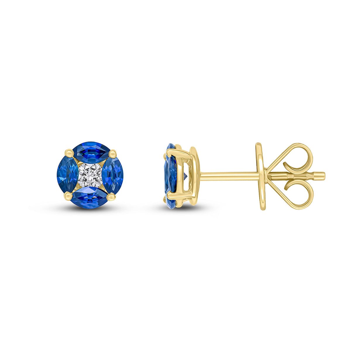 18ct Yellow Gold Marquise Sapphire and Round Diamond Cluster Earrings
