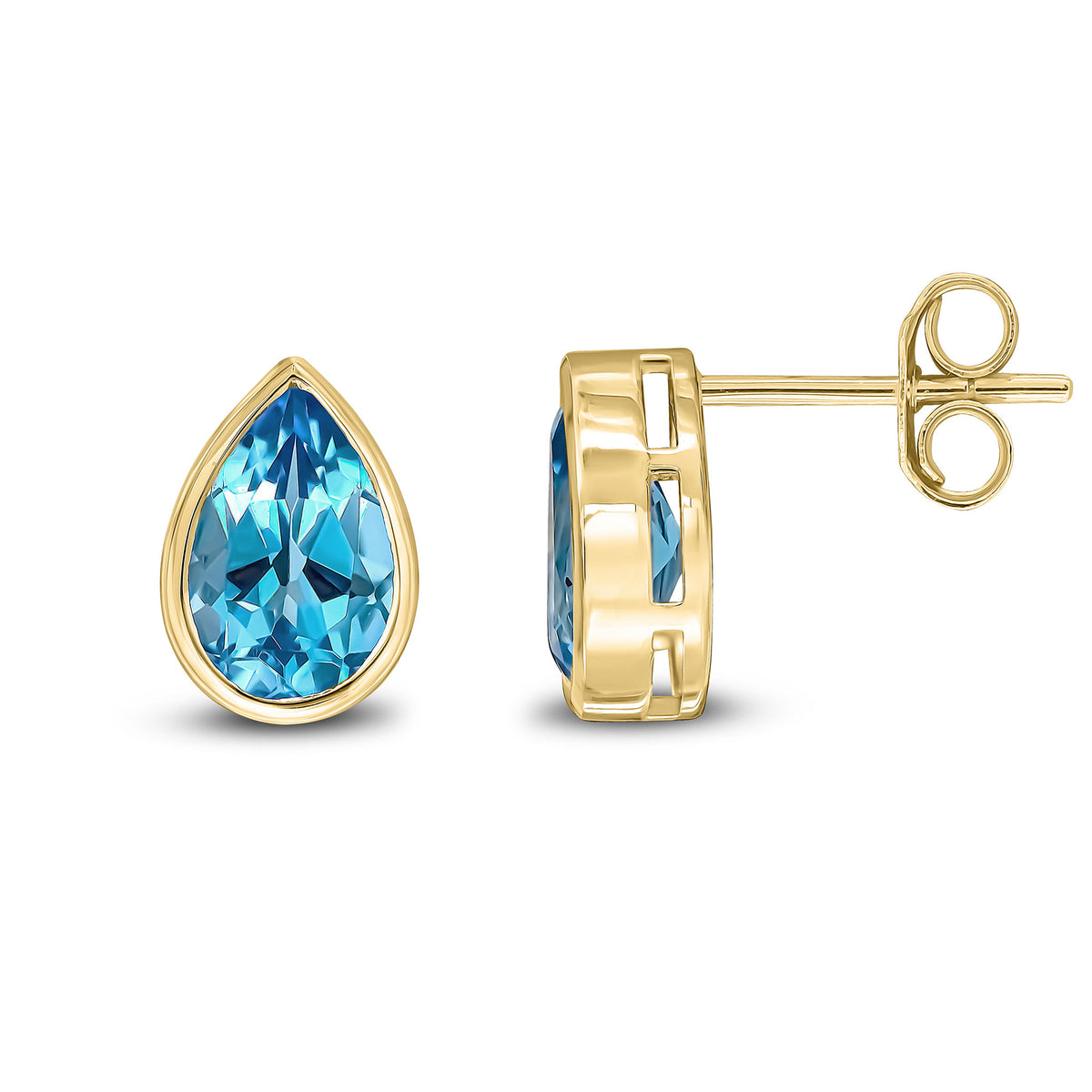 9ct Yellow Gold 9x6 Pear Shape Swiss Blue Topaz Rubover Earrings
