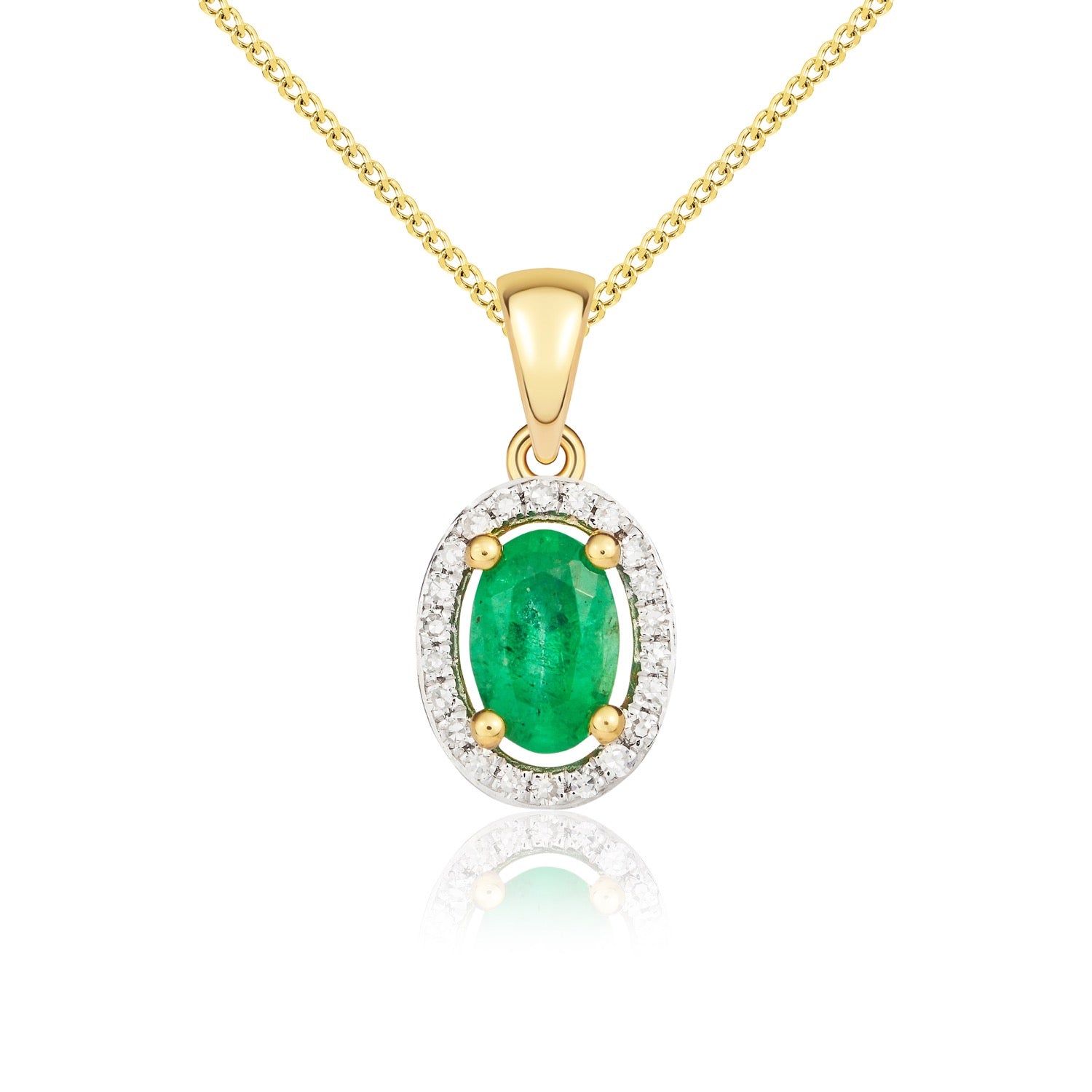 9ct Yellow Gold 6x4 Oval Emerald and Round Diamond Halo Cluster Pendant with Plain Loop Top Rhodium to Diamonds