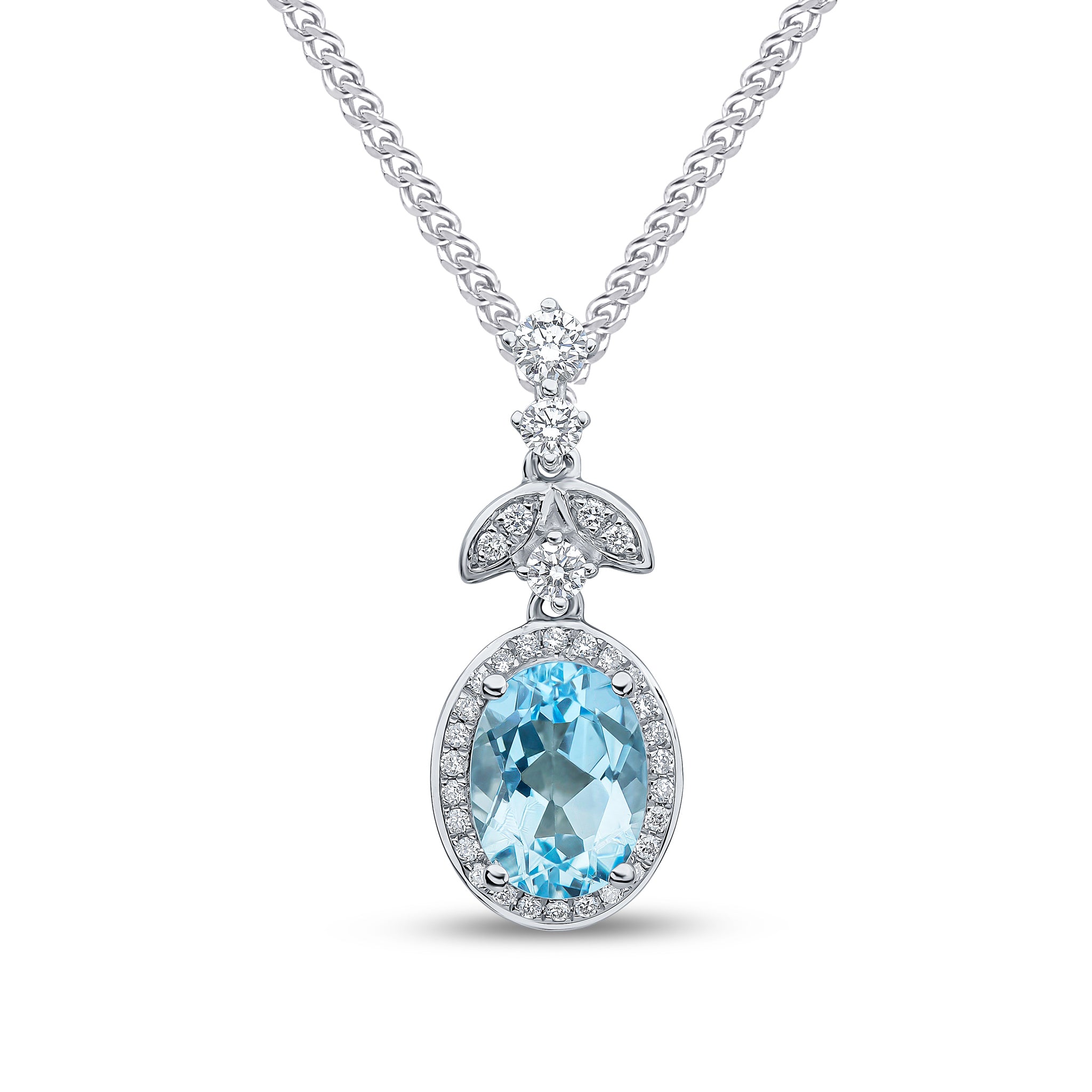 18ct White Gold Oval Aquamarine and Diamond Cluster Pendant with Leaf and Diamond 3 Stone Top
