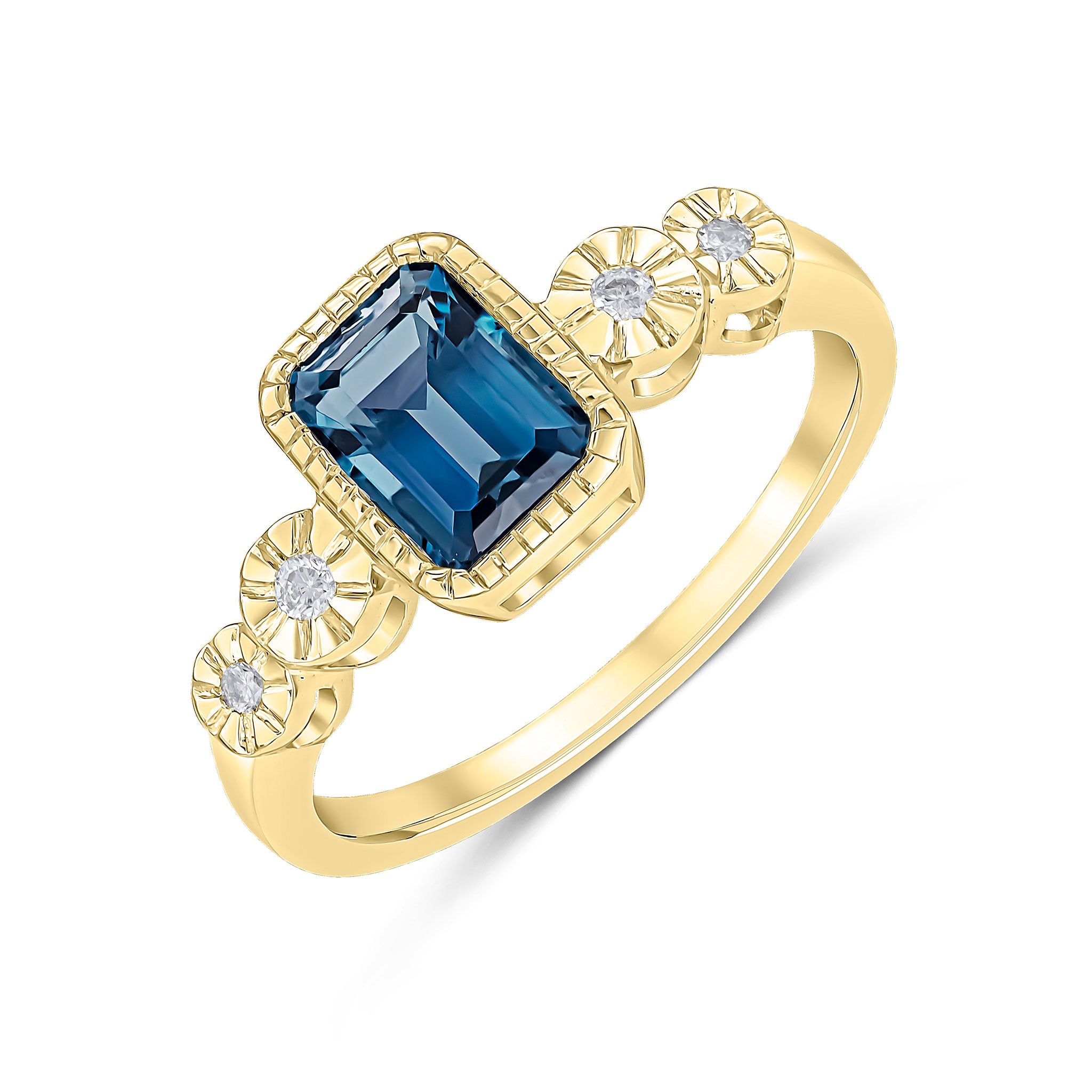 9CT YELLOW GOLD MILLEGRAIN OCTAGON LONDON BLUE TOPAZ AND ILLUSION DIAMOND 2ST SHOULDERS RING 1