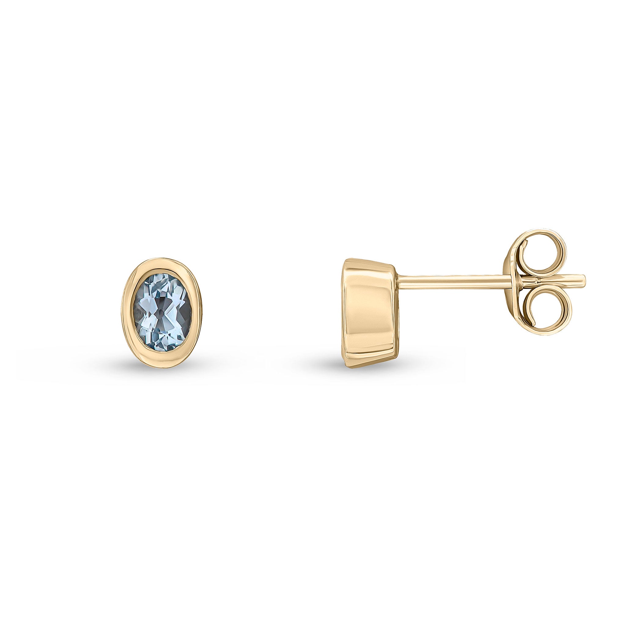 9ct Yellow Gold 4x3 Oval Aquamarine Rubover Set Earrings