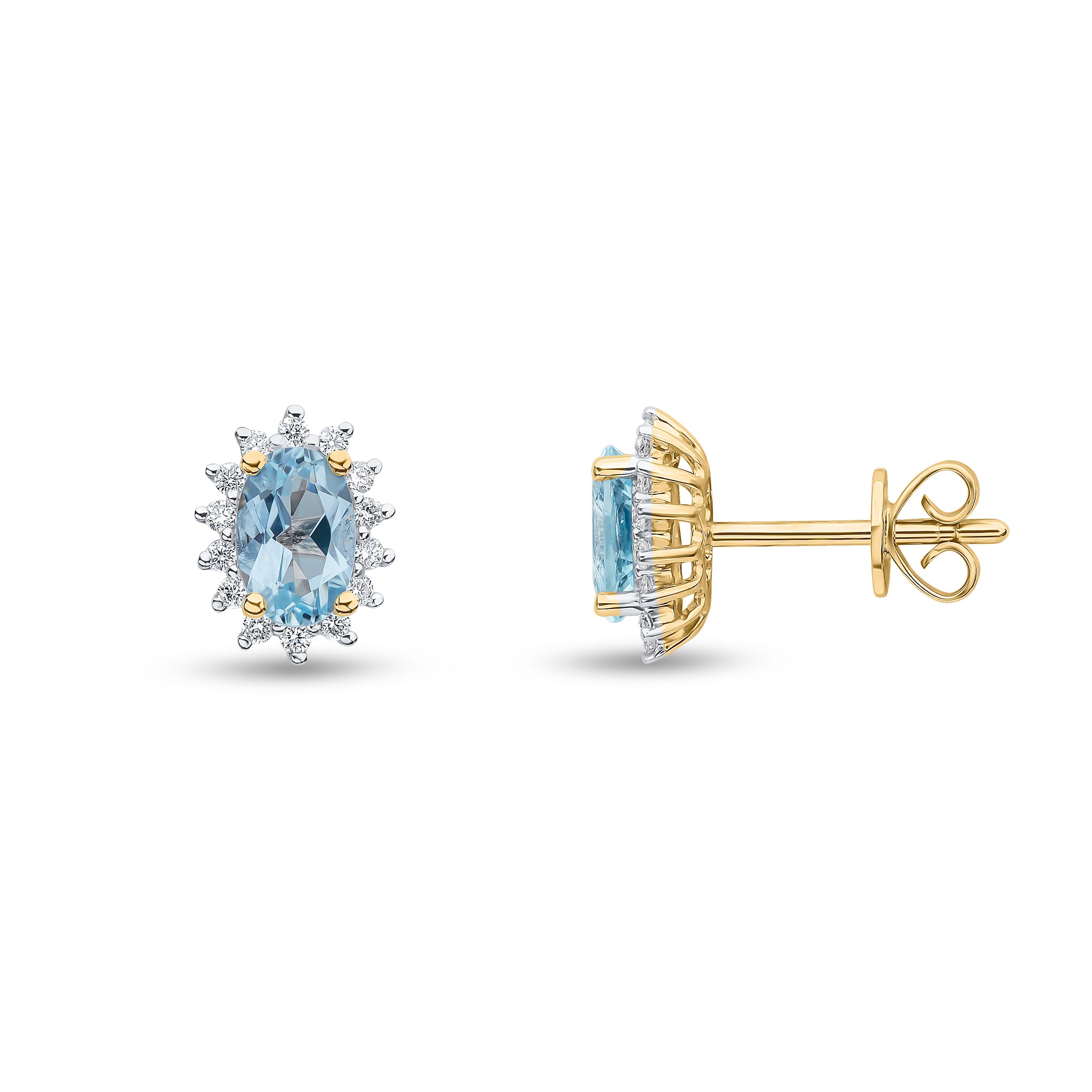 18ct Yellow Gold 6x4 Oval Aquamarine and Diamond Claw Cluster Earrings Rhodium to Diamonds