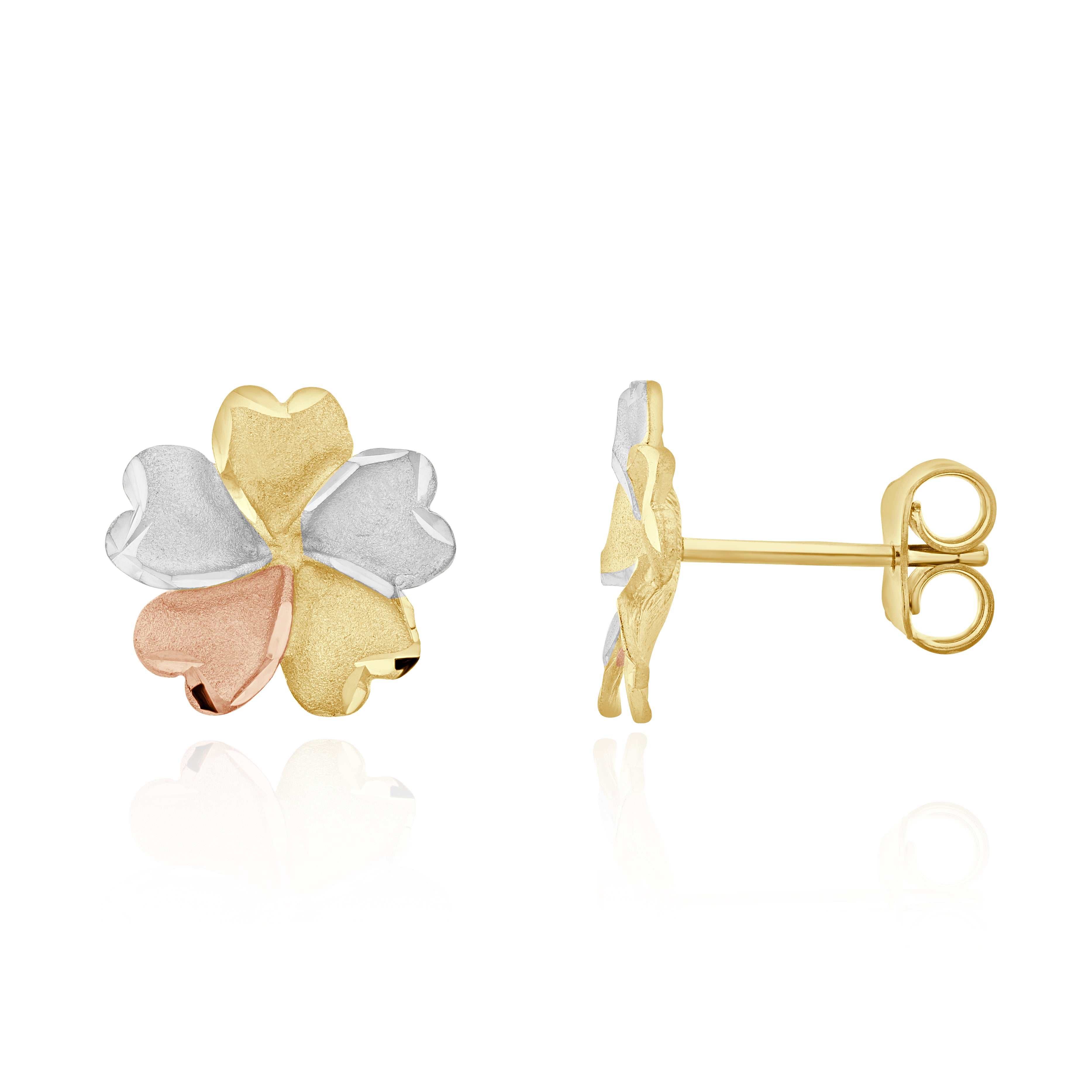 9ct Yellow, White And Rose Gold Polished And Satin Flower Stud earrings.