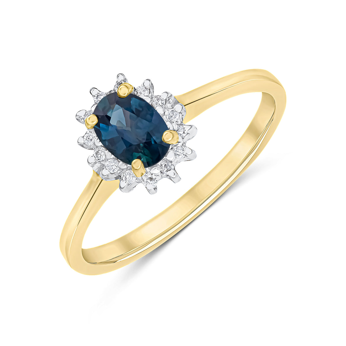 9ct Yellow Gold 6x4 Oval Sapphire & Diamond Claw Set Cluster Ring Rhodium to Diamonds