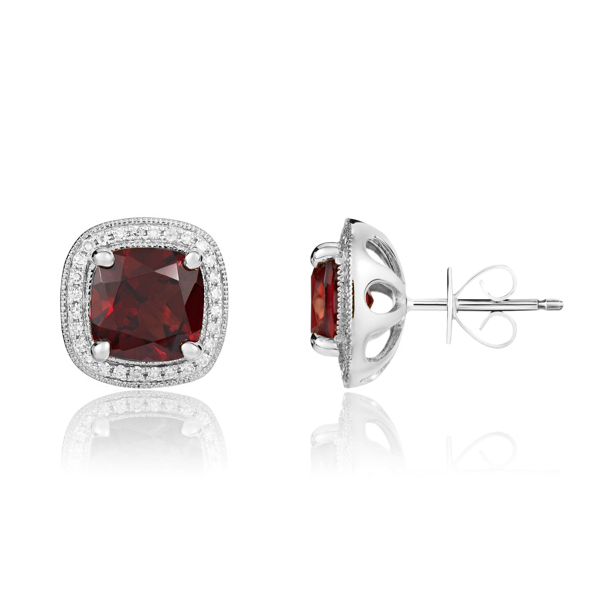 9ct Yellow Gold Cushion Garnet & Diamond Cluster Earrings