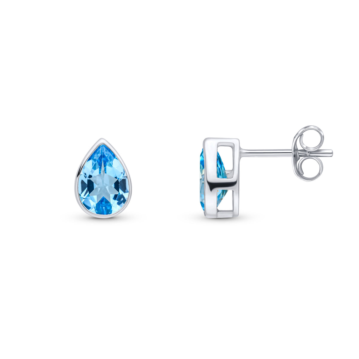 9ct White Gold 7x5 Pear Shape Swiss Blue Topaz Rubover Set Earrings