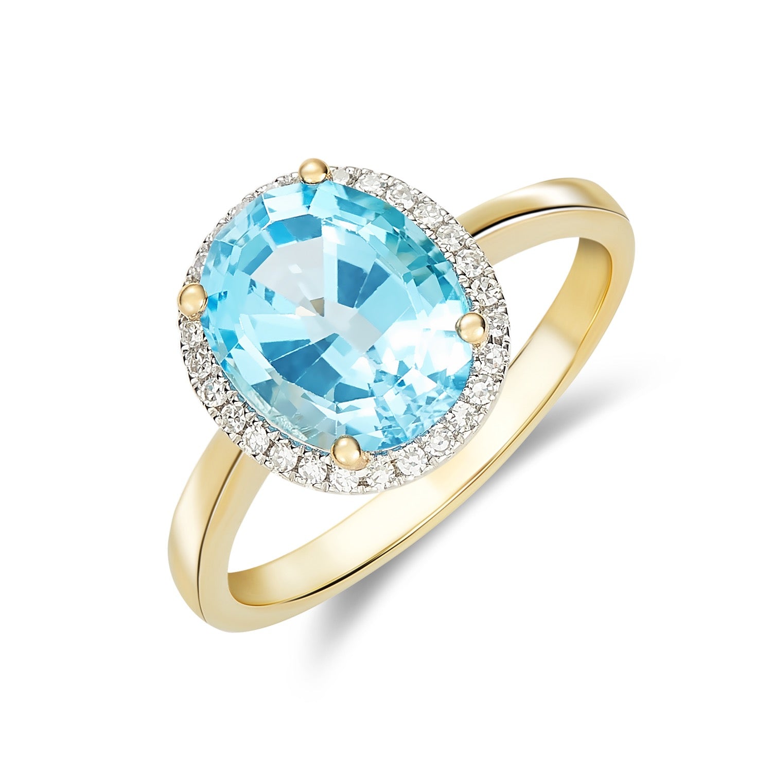 9ct Yellow Gold 10x8 Oval Swiss Blue Topaz and Diamond Claw Set Cluster Ring Rhodium to Diamonds