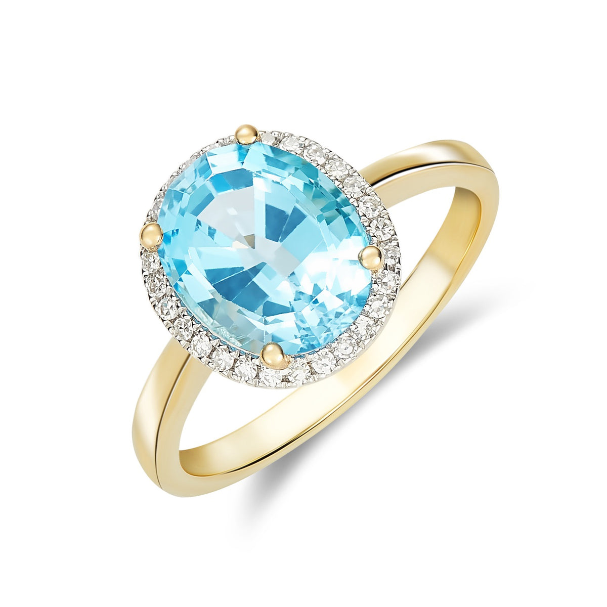 9ct Yellow Gold 10x8 Oval Swiss Blue Topaz and Diamond Claw Set Cluster Ring Rhodium to Diamonds