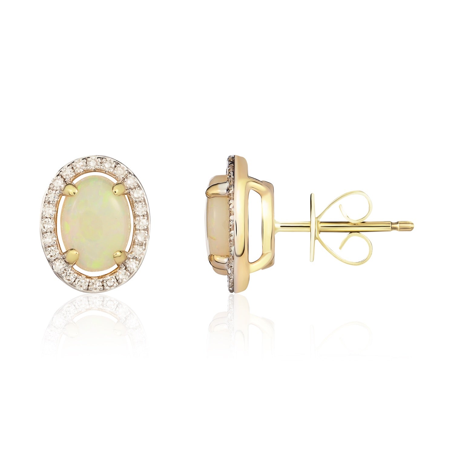 9ct Yellow Gold 7x5 Oval Opal & Round Diamond Claw Set Cluster Earrings Rhodium to Diamonds