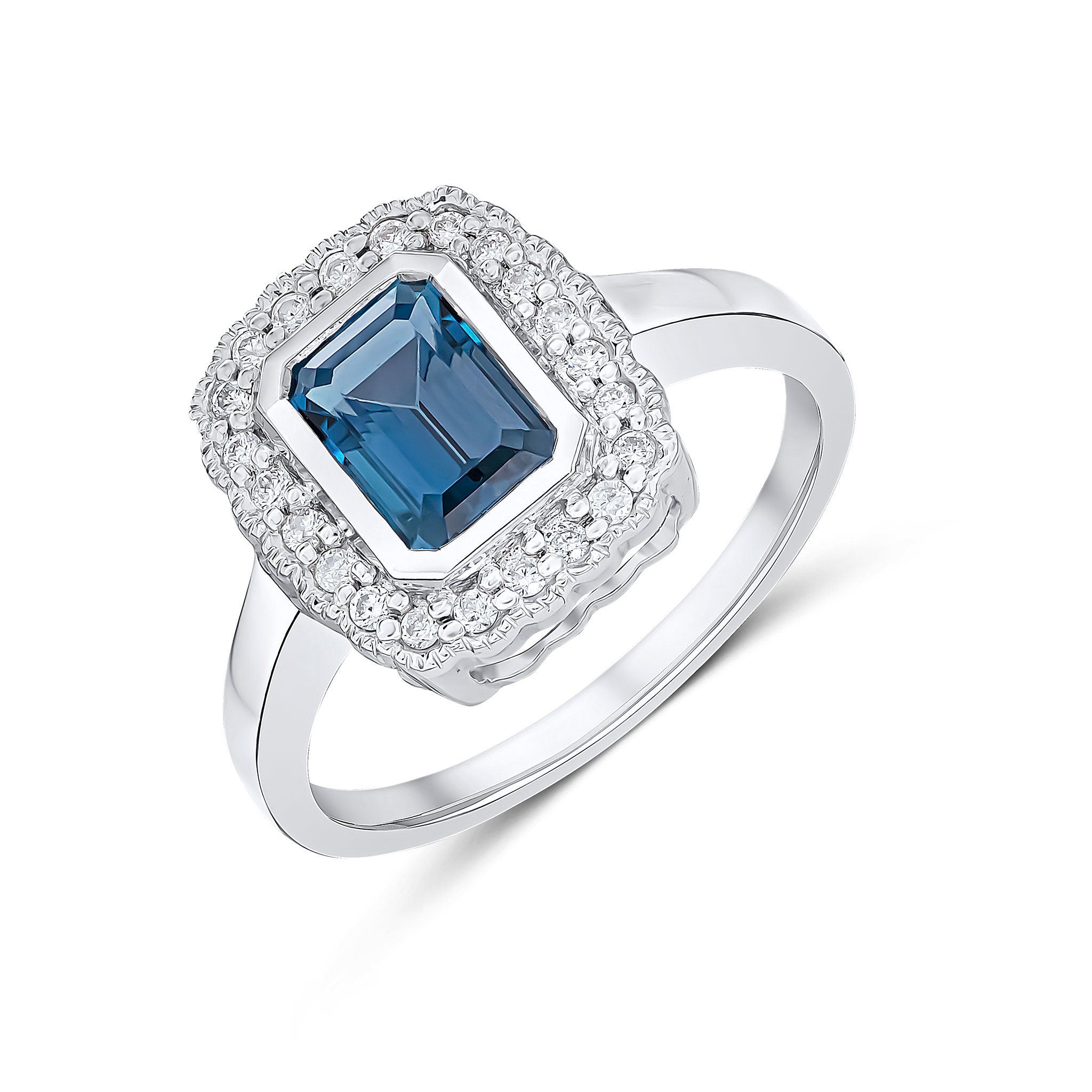 9ct White Gold Rubover 7x5 Octagon London Blue Topaz and Diamond Cluster Ring with Milgrain Edge