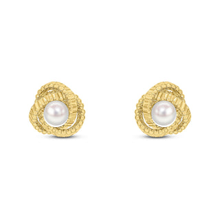 9ct Yellow Gold Textured Knot Stud Earrings With 5mm cultured freshwater