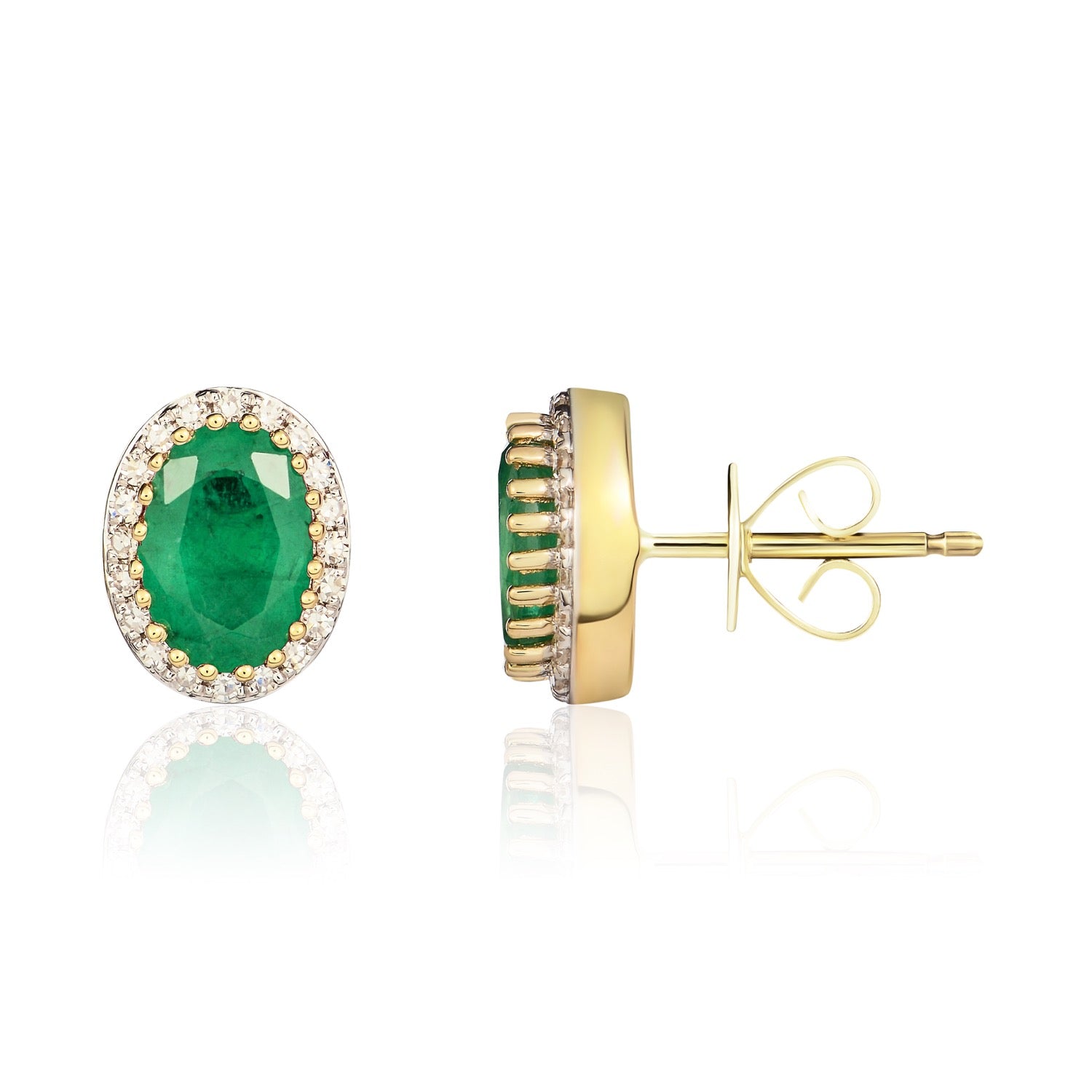18ct Yellow Gold Oval Emerald & Diamond Cluster Earrings