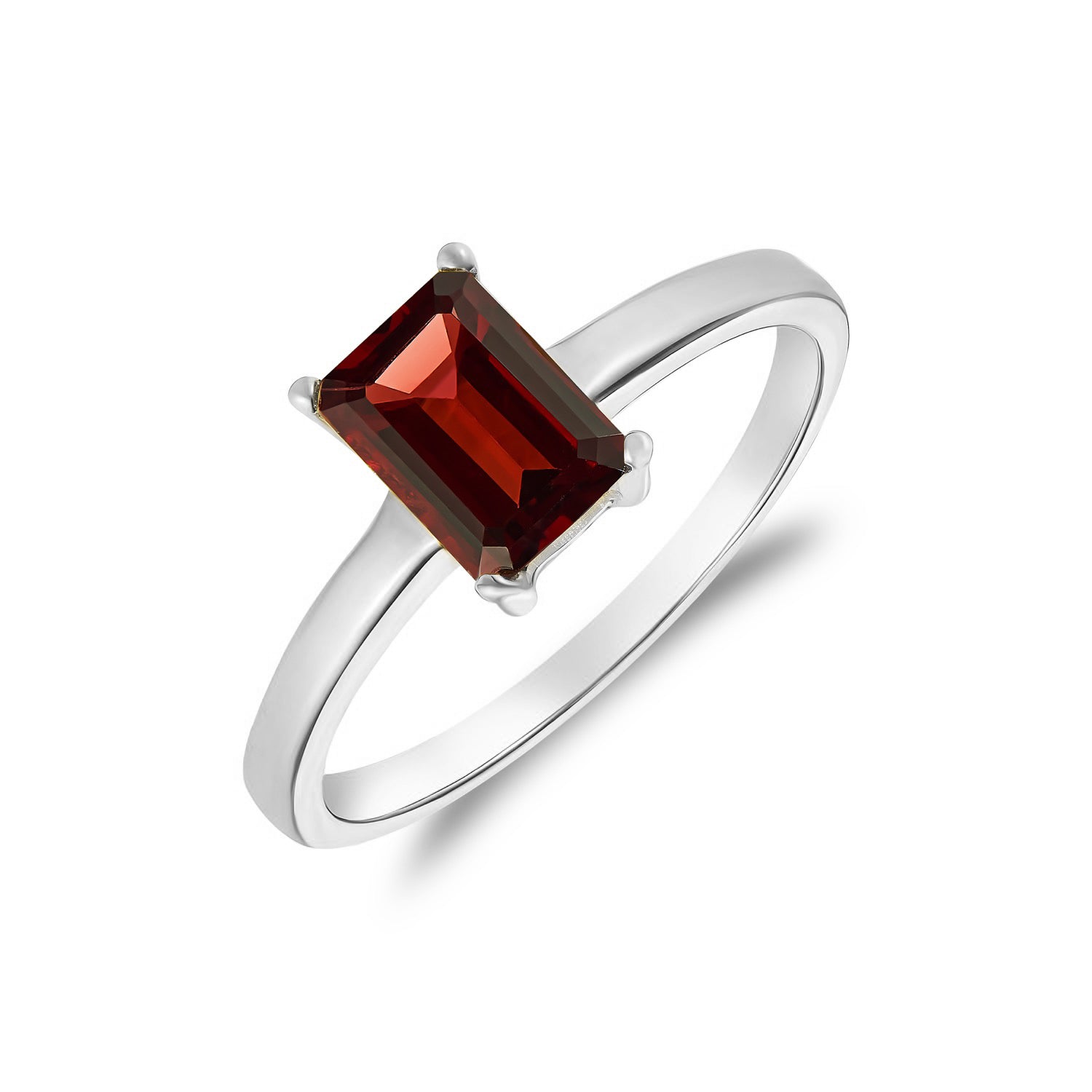 9ct White Gold 7x5mm Octagon Garnet Claw Set Single Stone Ring