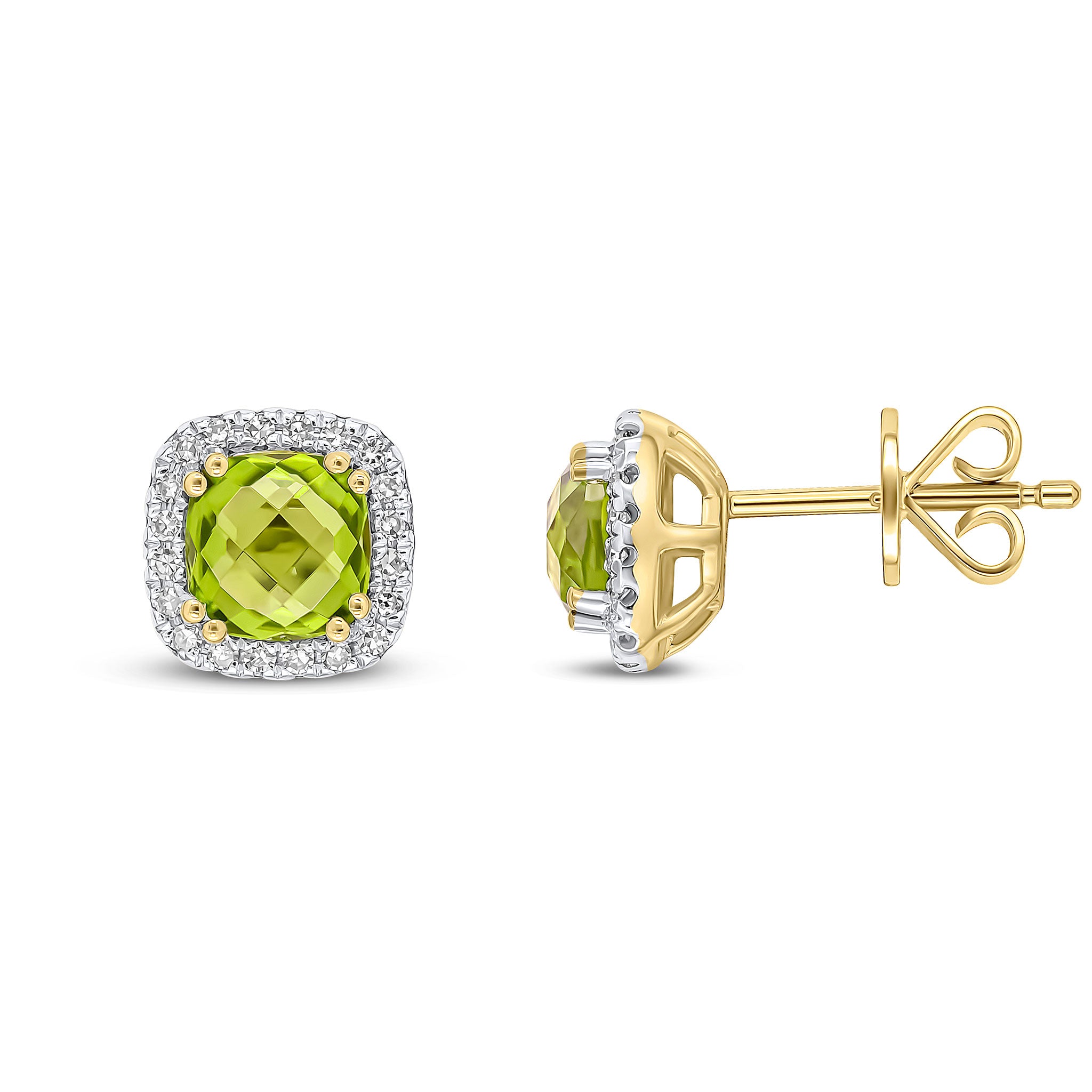 9ct Yellow Gold 5mm Checkerboard Cut Cushion Peridot & Diamond Cluster Stud Earrings Rhodium to Diamonds