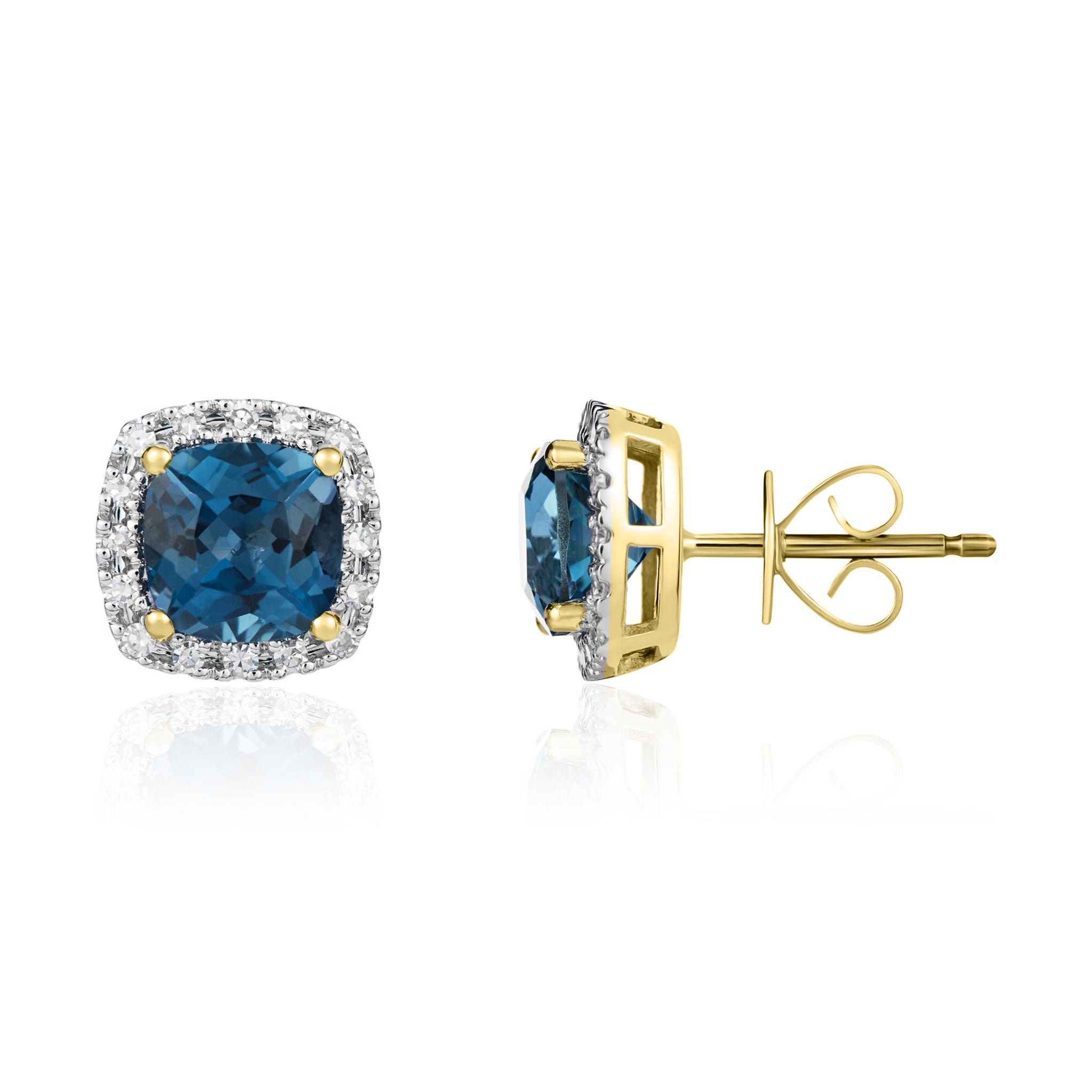 9ct White Gold Cushion London Blue Topaz & Diamond Cluster Earrings