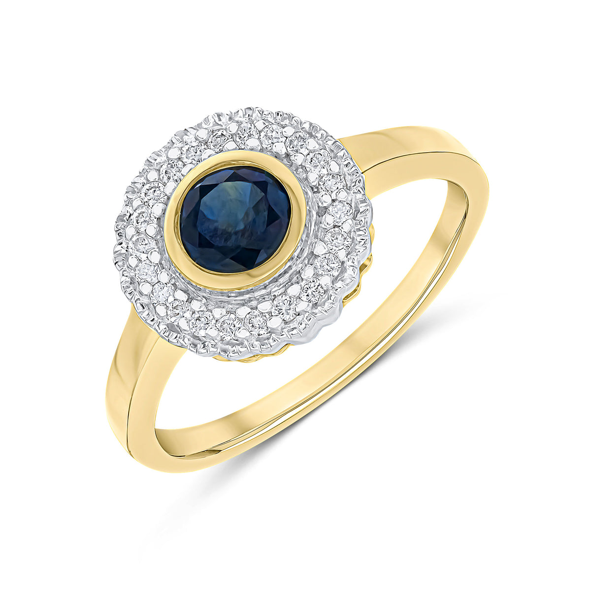 9ct Yellow Gold Round Rubover Sapphire and Milgrain Round Diamond Cluster Ring Rhodium to Diamonds