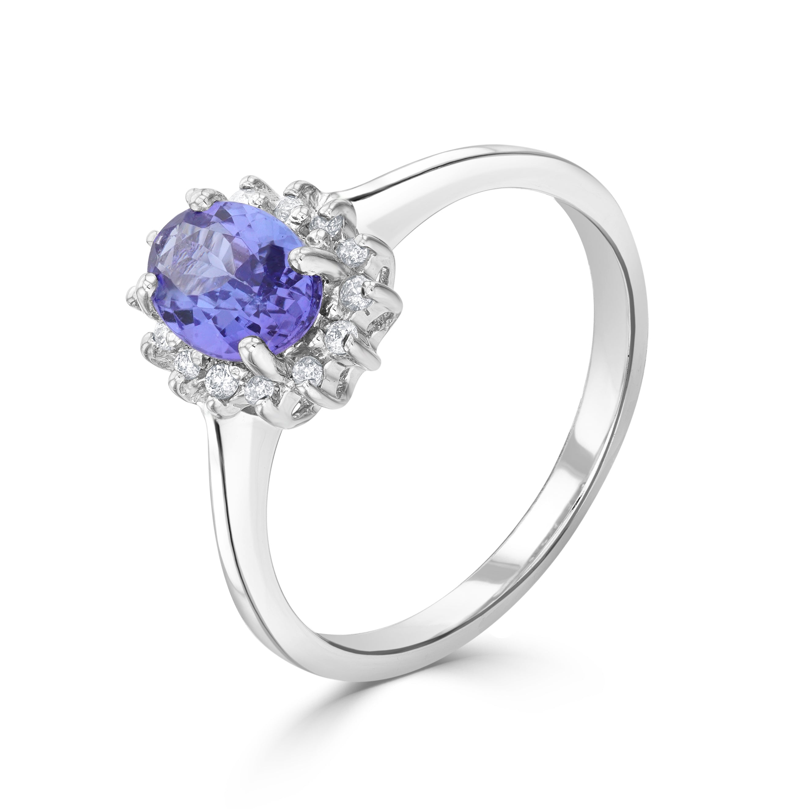 9CT WG 7X5 OVAL TANZANITE & DIAMOND CLAW SET CLUSTER RING 1