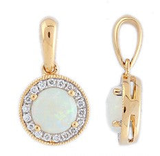 18ct Yellow Gold Claw Set 5.5mm Round Opal & Diamond Cluster Pendant Milgrain Edge