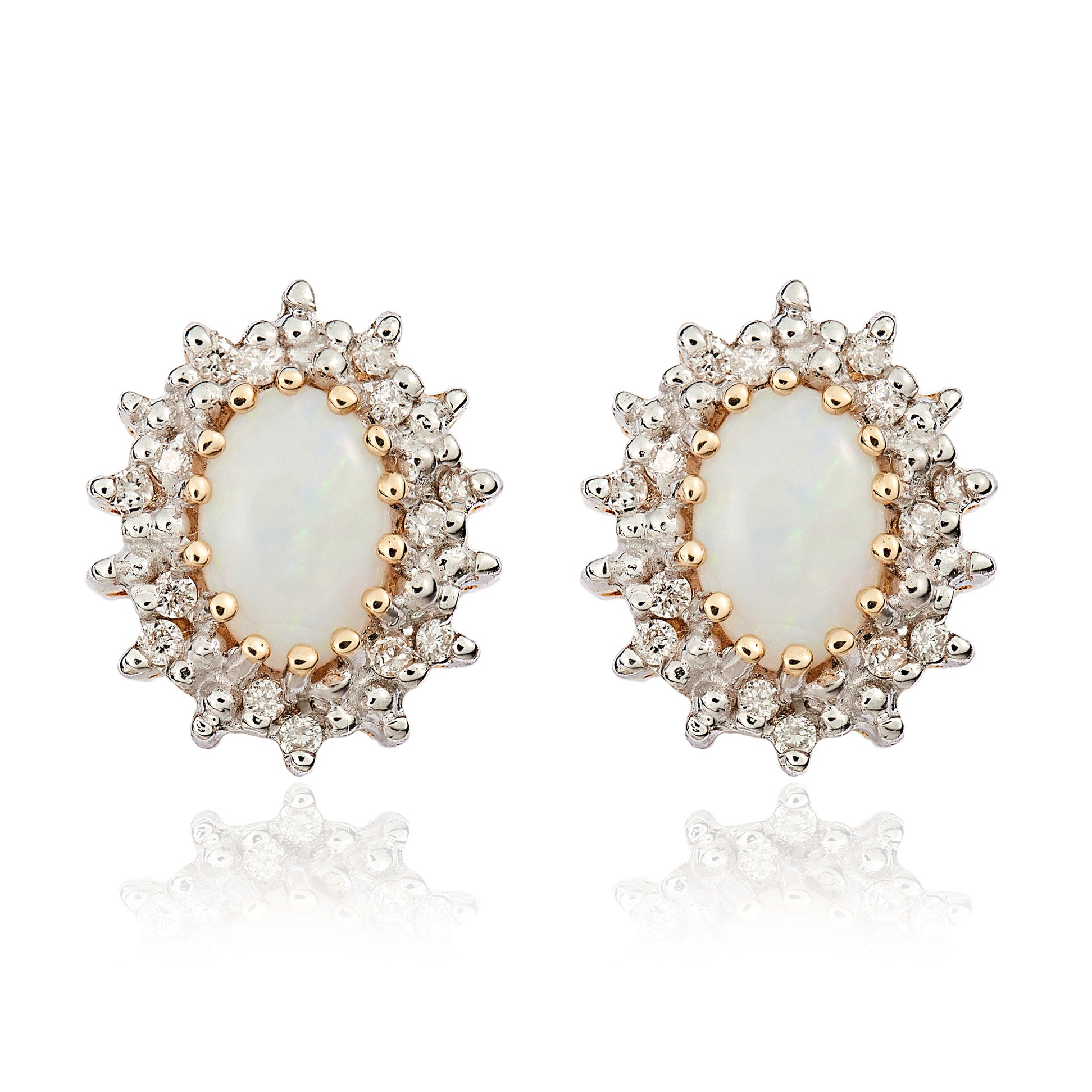 9ct Yellow Gold 6x4 Oval Opal and Diamond Claw Cluster Earrings Rhodium to Diamonds