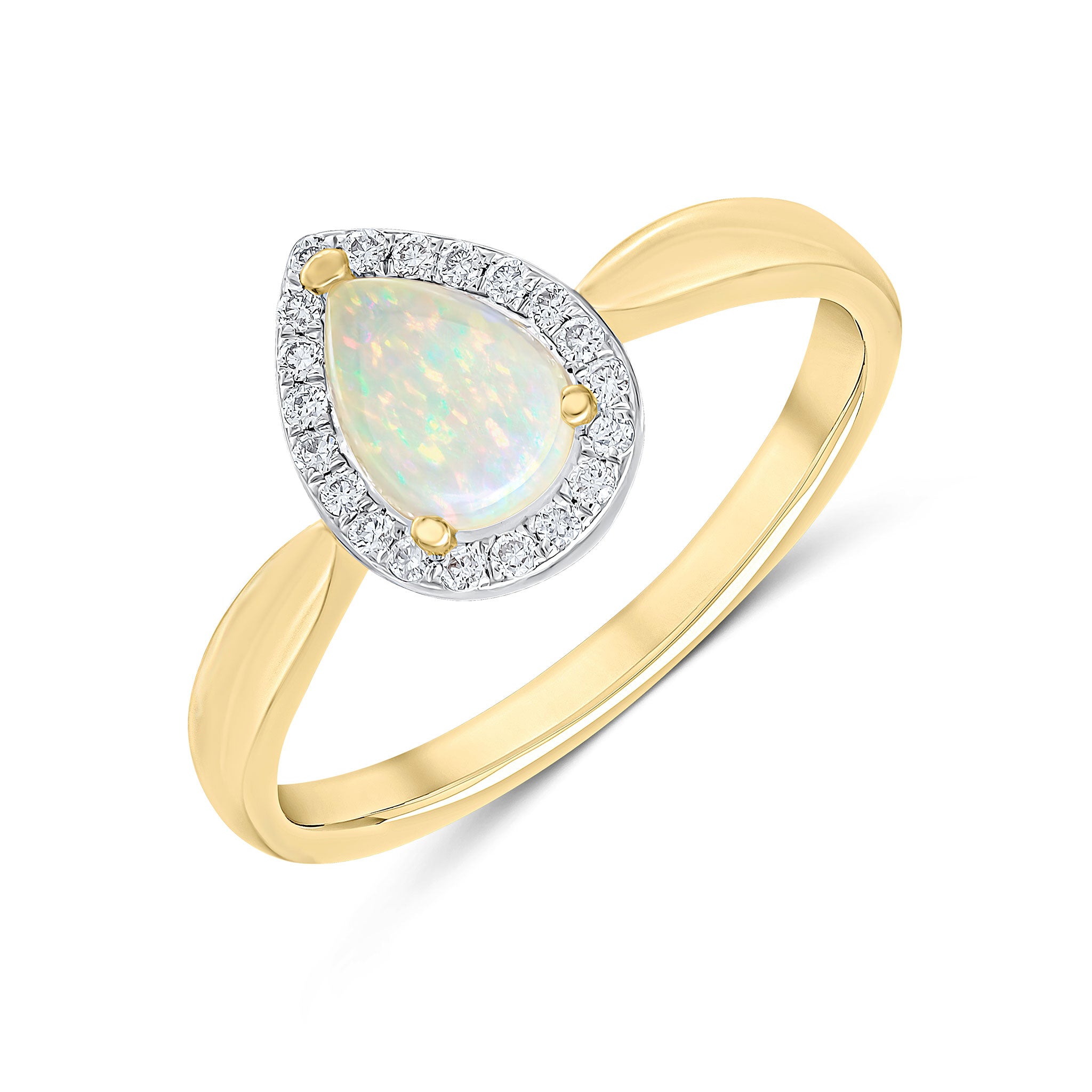18ct Yellow Gold Claw Set 7x5 Pear Shape Opal and Round Diamond Grain Set Cluster Ring Rhodium to Diamonds