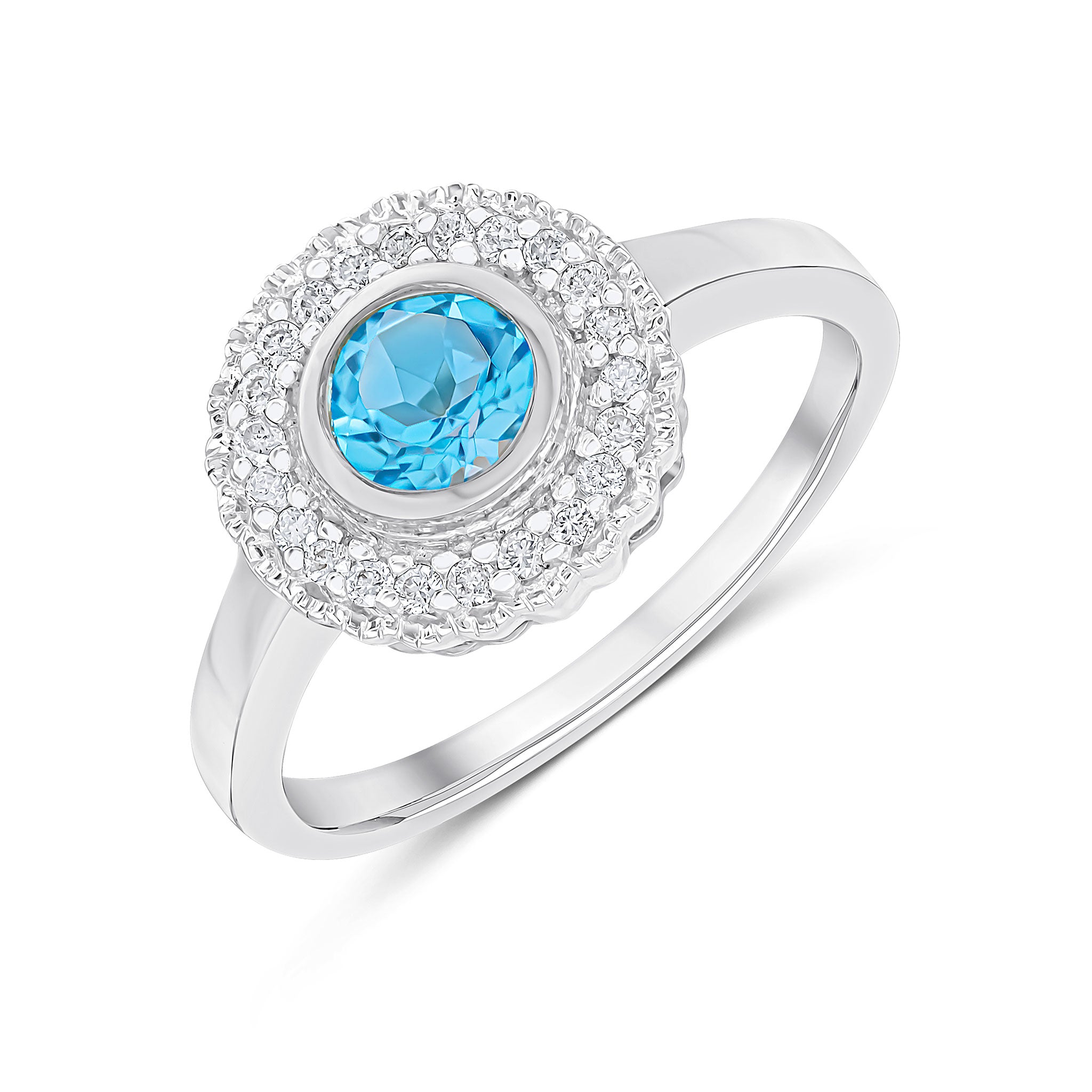 9CT WHITE GOLD ROUND RUBOVER SWISS BLUE TOPAZ AND MILLEGRAIN ROUND DIAMOND CLUSTER RING 1