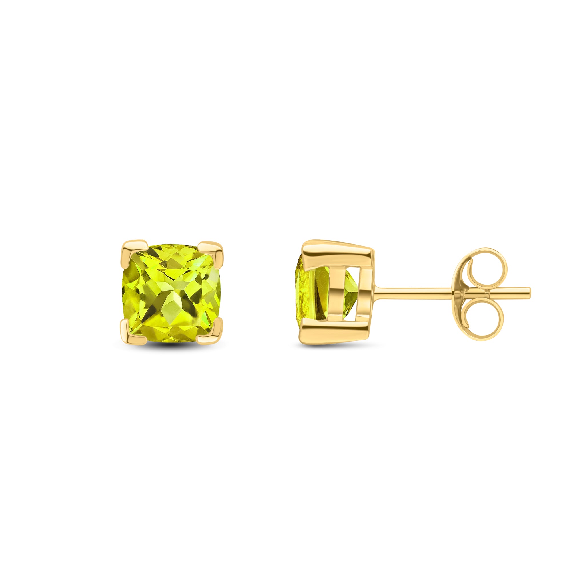 9ct Yellow Gold 6mm Cushion Peridot Claw Set Earrings