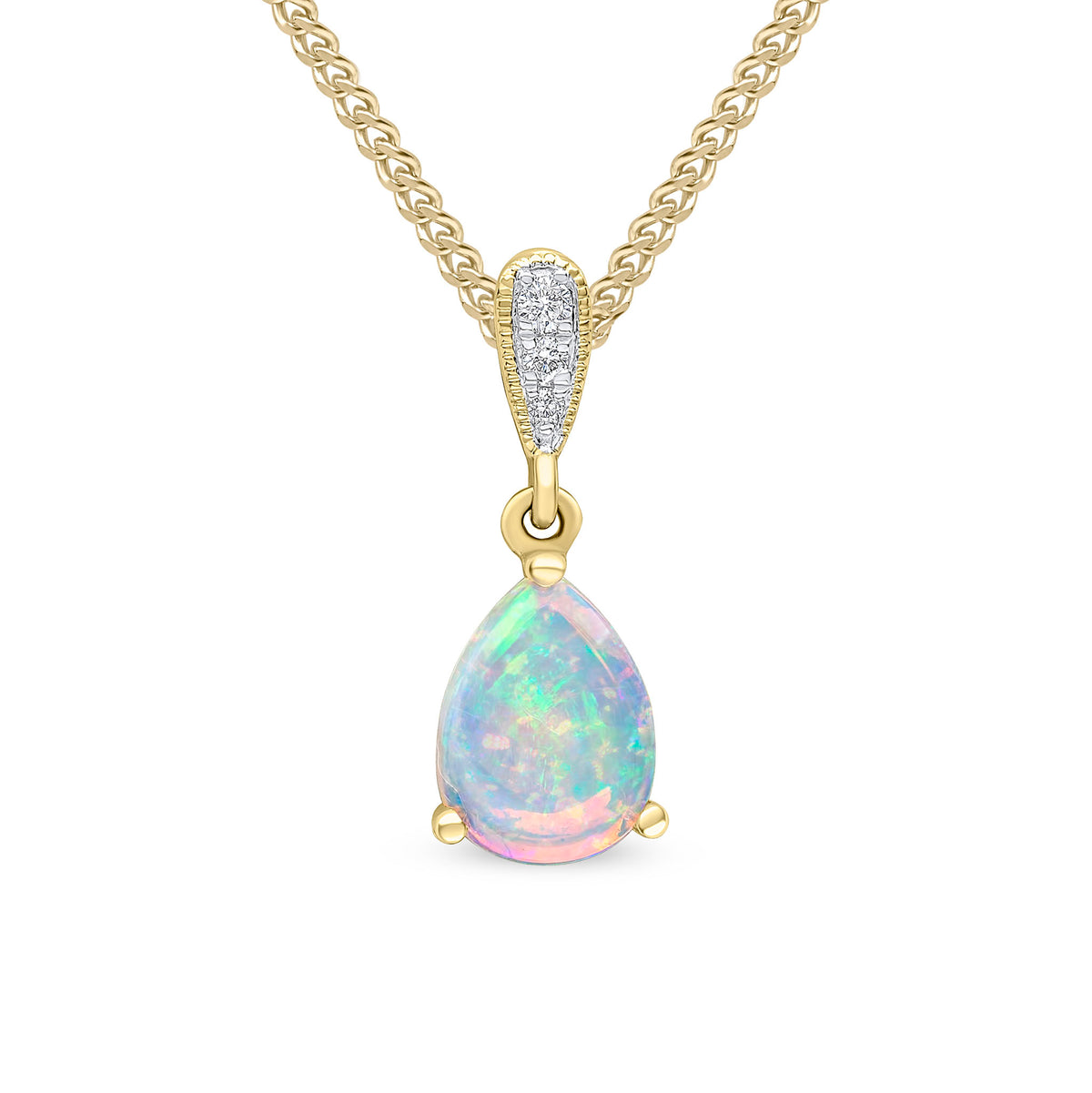 18ct Yellow Gold Claw Set 8x6 Pear Shape Opal and Grain Set Diamond Loop Pendant Rhodium to Diamonds