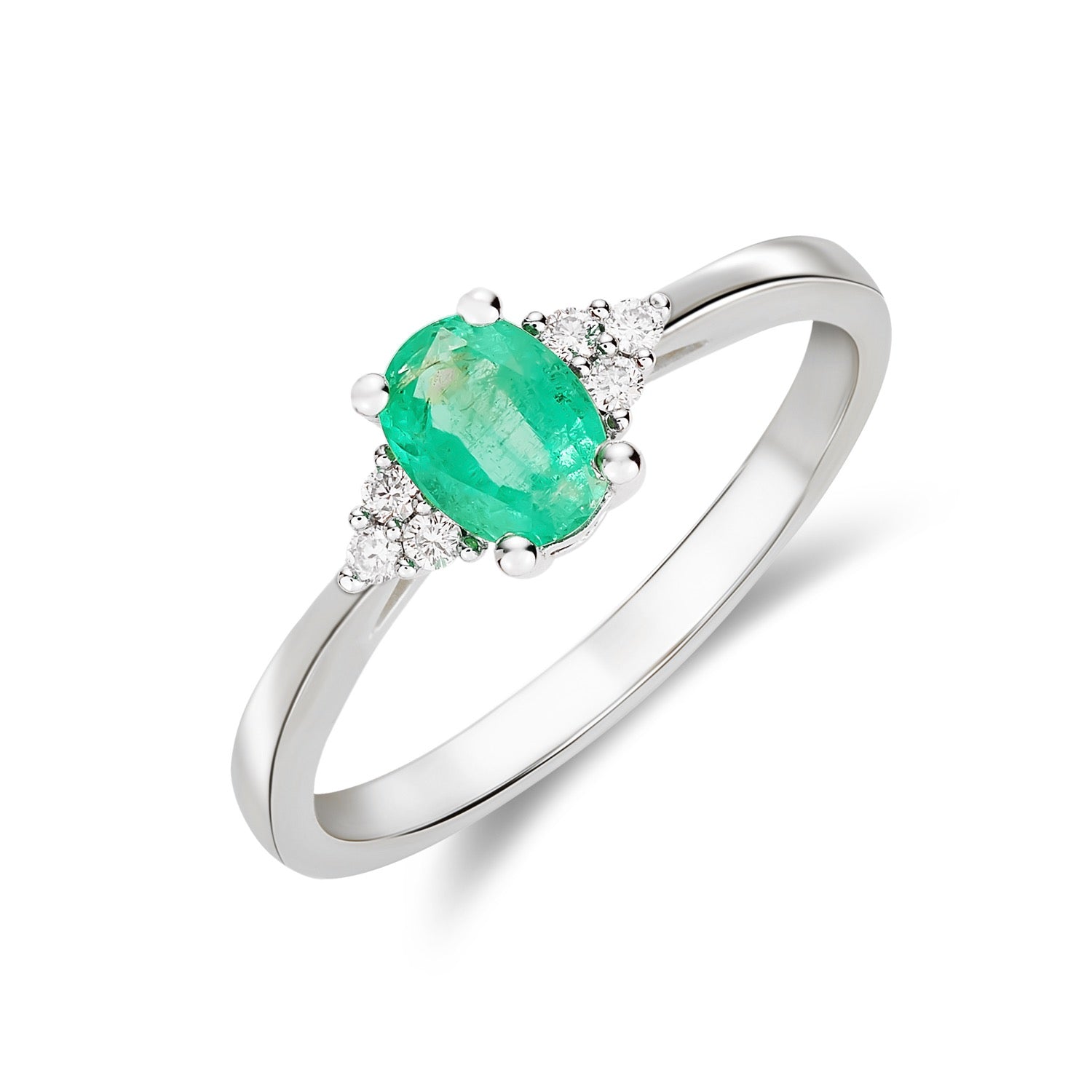 9ct White Gold 7x5 Oval Emerald & Diamond Trefoil Shoulders Claw Set Ring