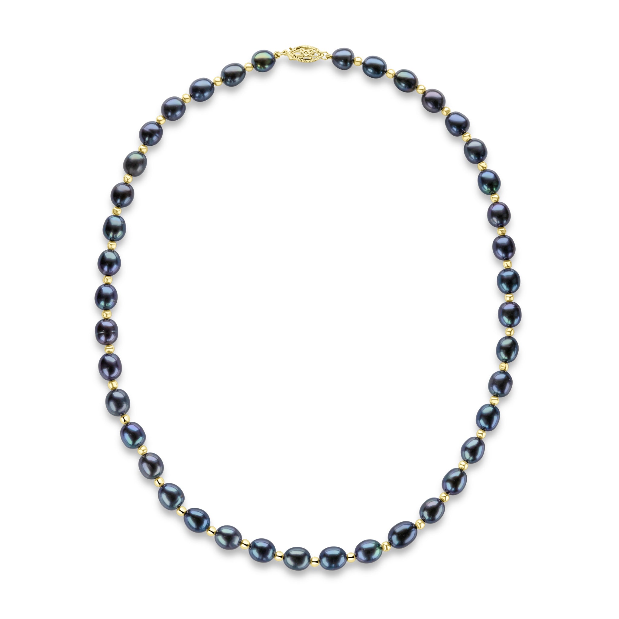 Genuine 9ct Yellow Gold Black Rice Pearl & Gold Bead Necklace with Fancy Clasp 18"
