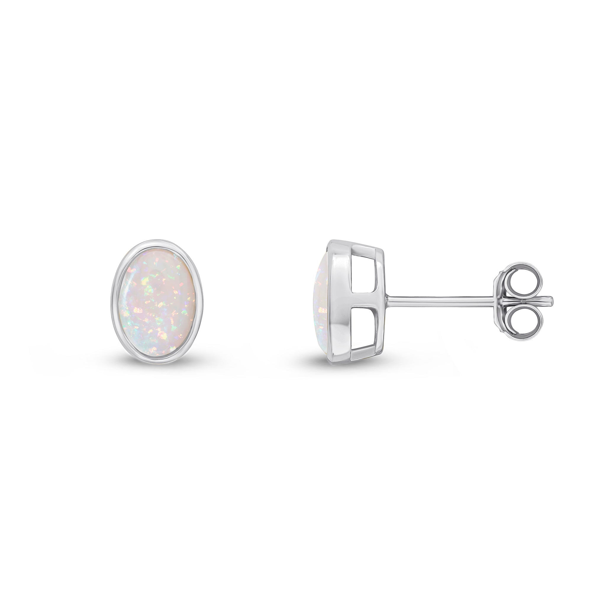 9ct White Gold 7x5mm Oval Opal Rubover Stud Earrings