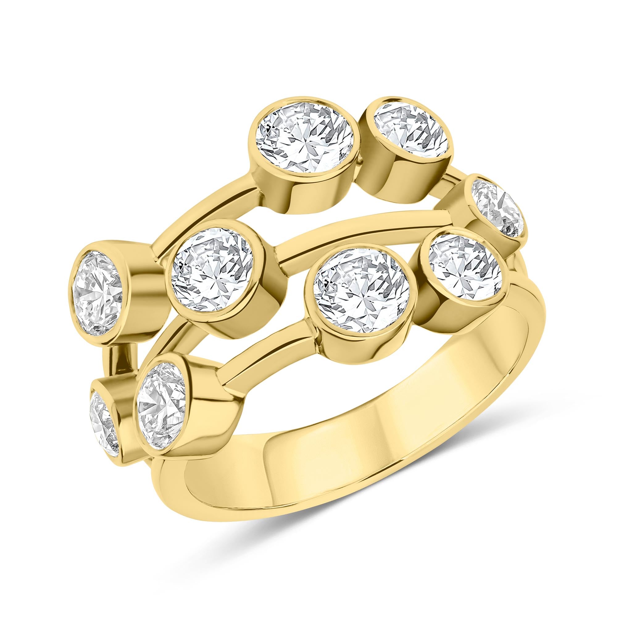 18ct Yellow Gold Round Diamond 3 Row Bubble Ring 3ct