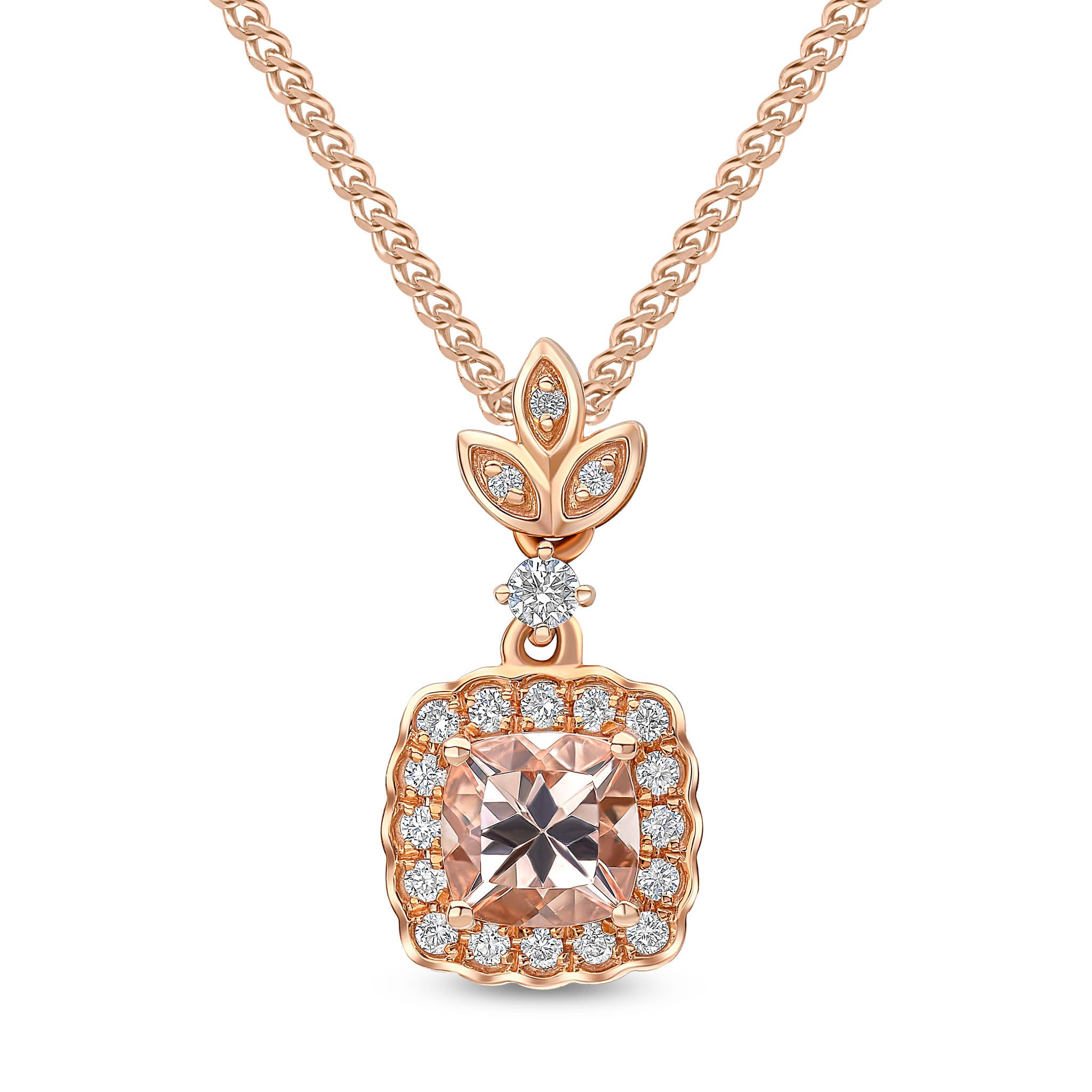 18ct Rose Gold 5mm Cushion Morganite & Diamond Cluster Pendant with Diamond