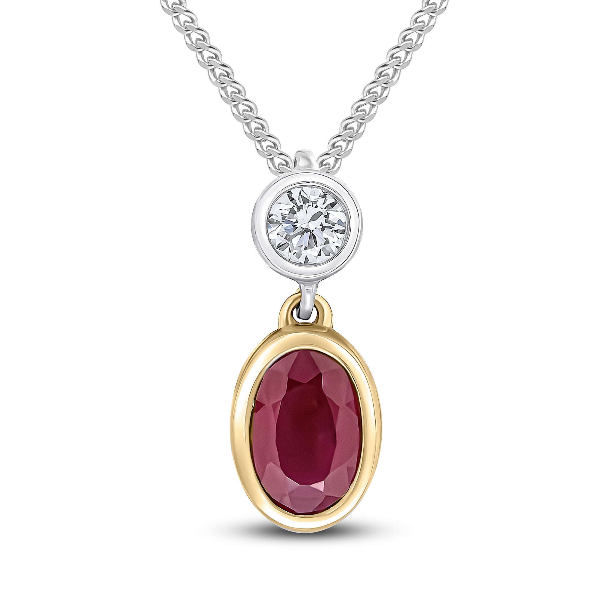 18ct Ywg Oval Ruby & Round Diamond 2 Stone Rubover Slider Pendant