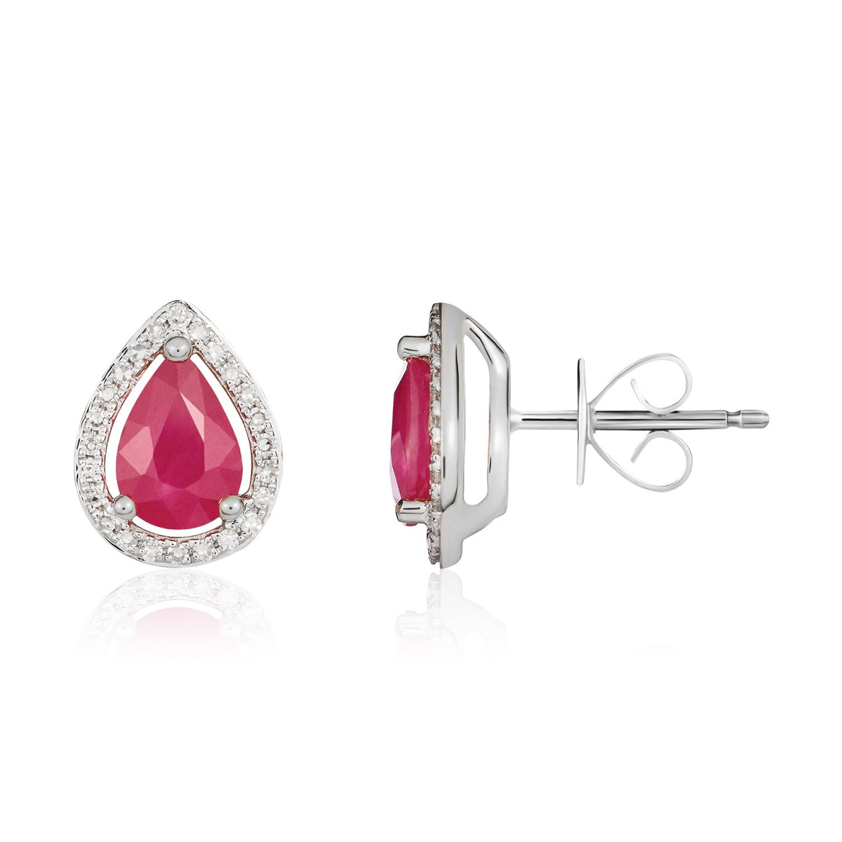 9ct White Gold 7x5 Pear Shape Ruby & Diamond Halo Cluster Earrings