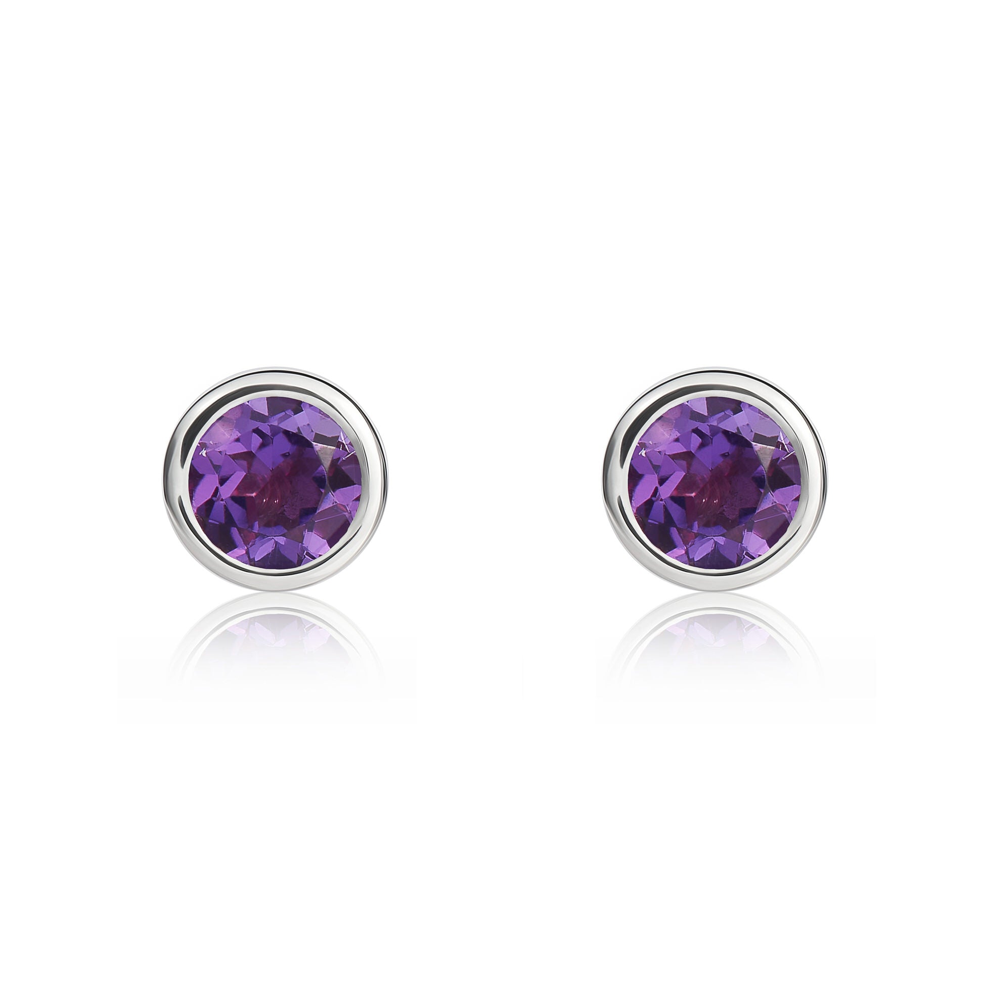 9ct White Gold Round Amethyst Rubover Stud Earrings 5mm