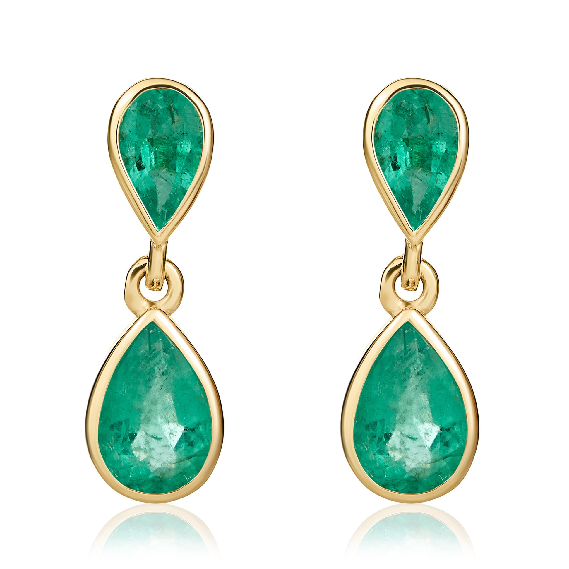 9ct Yellow Gold Pear Shape Emerald 2 Stone Rubover Drop Earrings