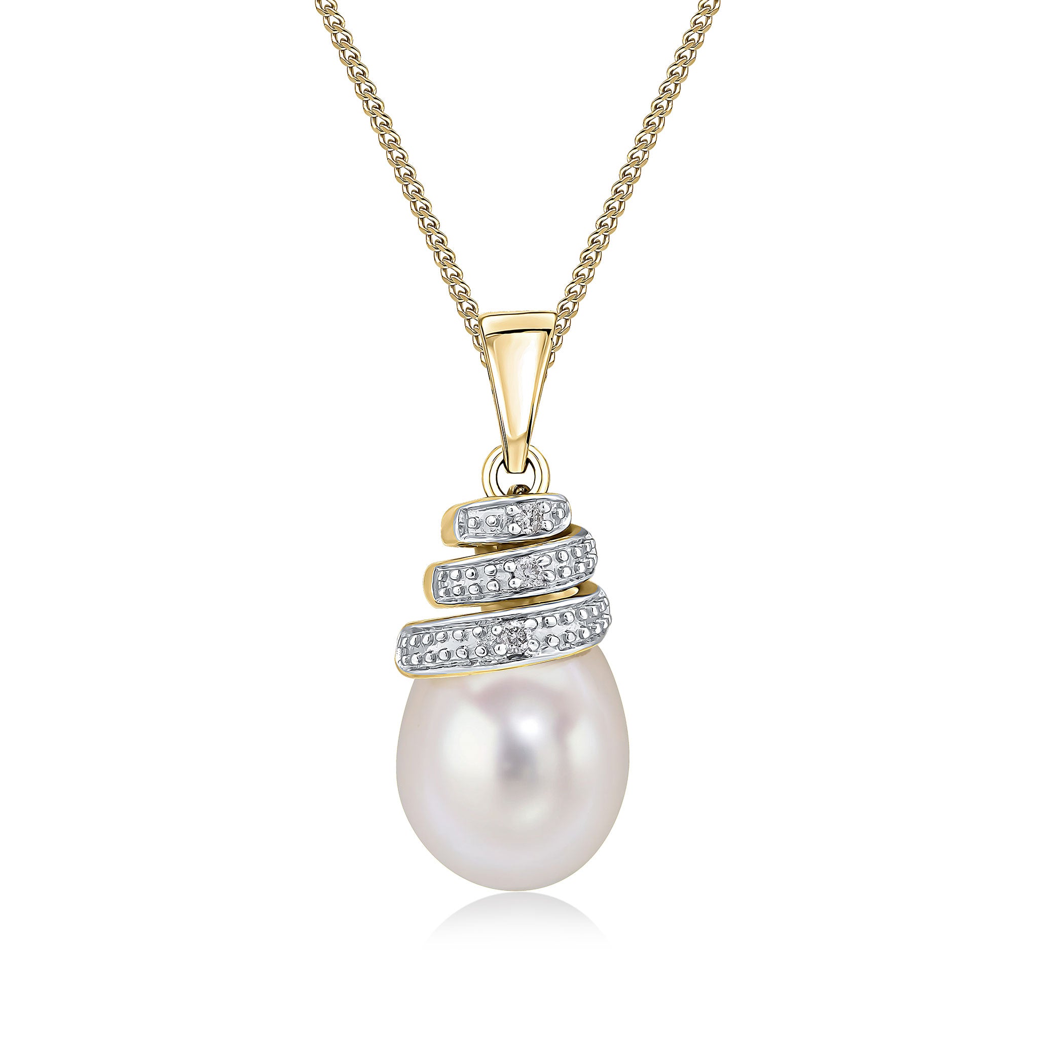 9ct Yellow Gold Cfw Pearl & Diamond Set Spiral Pendant Rhodium to Diamonds