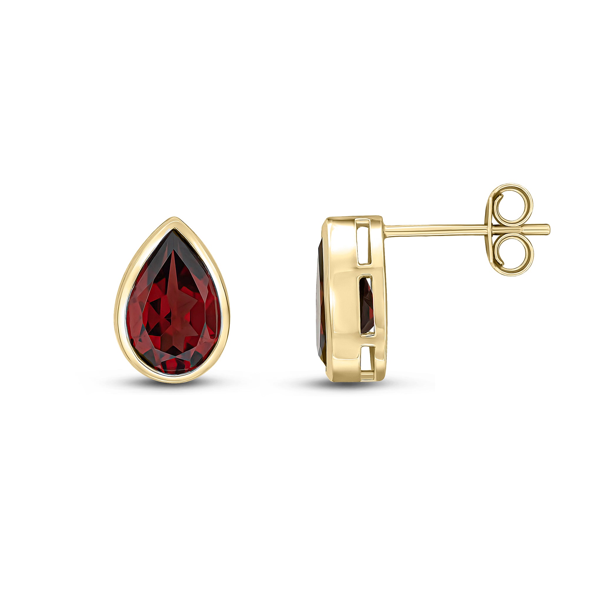 9ct Yellow Gold 9x6 Pear Shape Garnet Rubover Earrings