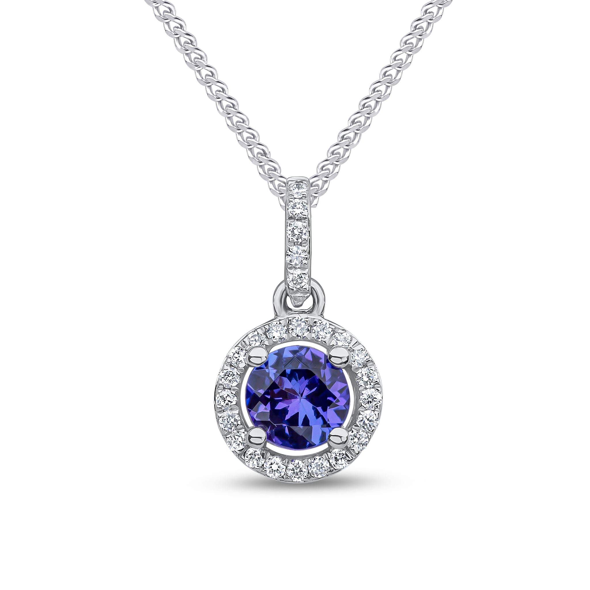 18ct White Gold 4.5mm Round Tanzanite & Diamond Cluster Pendant with Diamond Set Loop