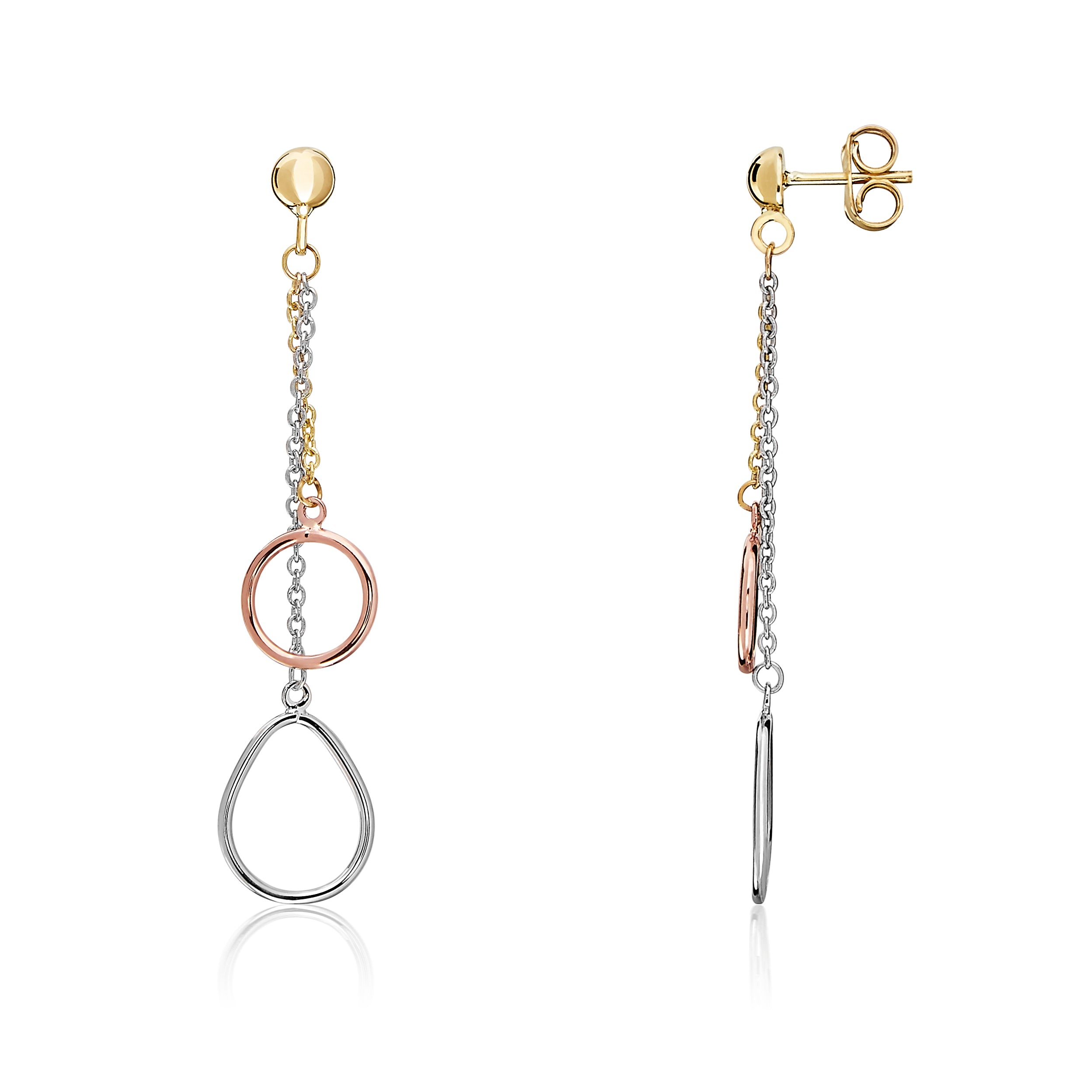 Three Tone 9ct Gold Round & Pear Shape Chain Drop Earrings