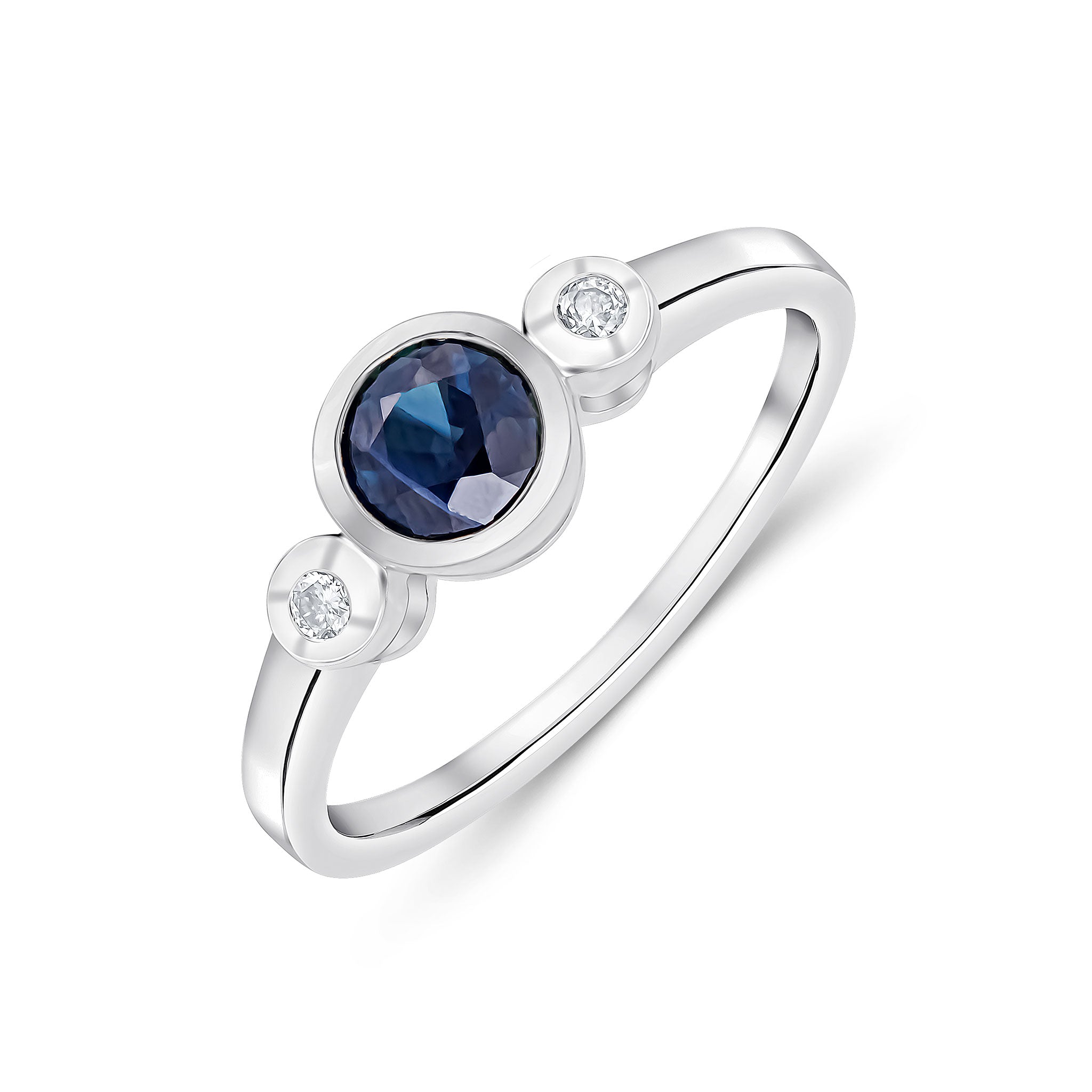 9ct White Gold 5mm Round Sapphire and Round Diamond Rubover 3 Stone Ring
