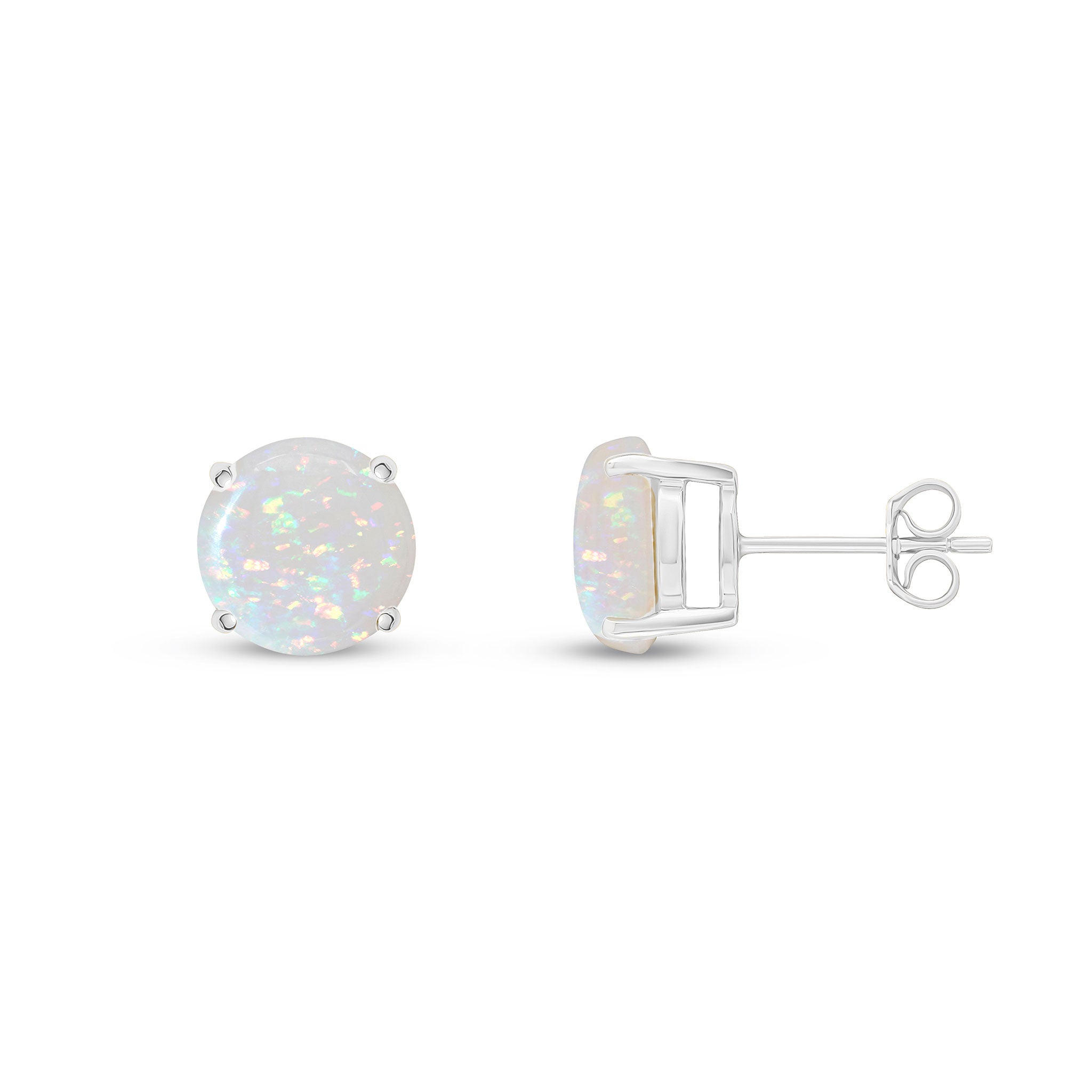9ct White Gold 8mm Round Opal Claw Set Earrings