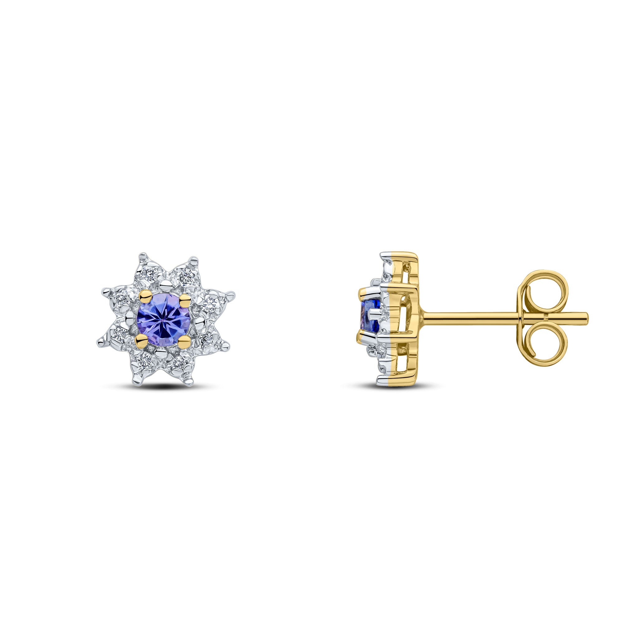 9ct Yellow Gold Round Tanzanite And Diamond Claw Cluster Earrings