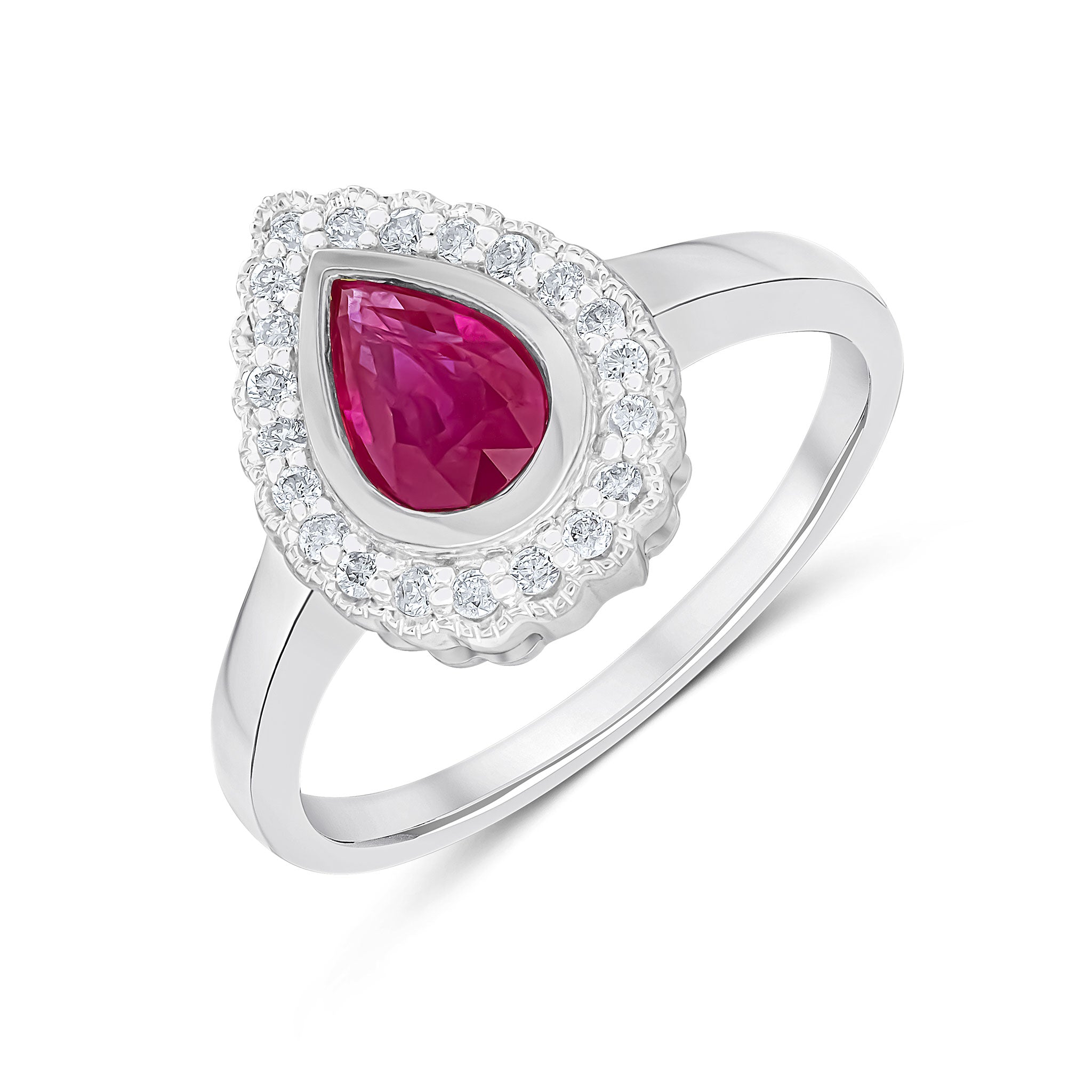 9ct White Gold Pear Shape Rubover Ruby and Milgrain Round Diamond Cluster Ring