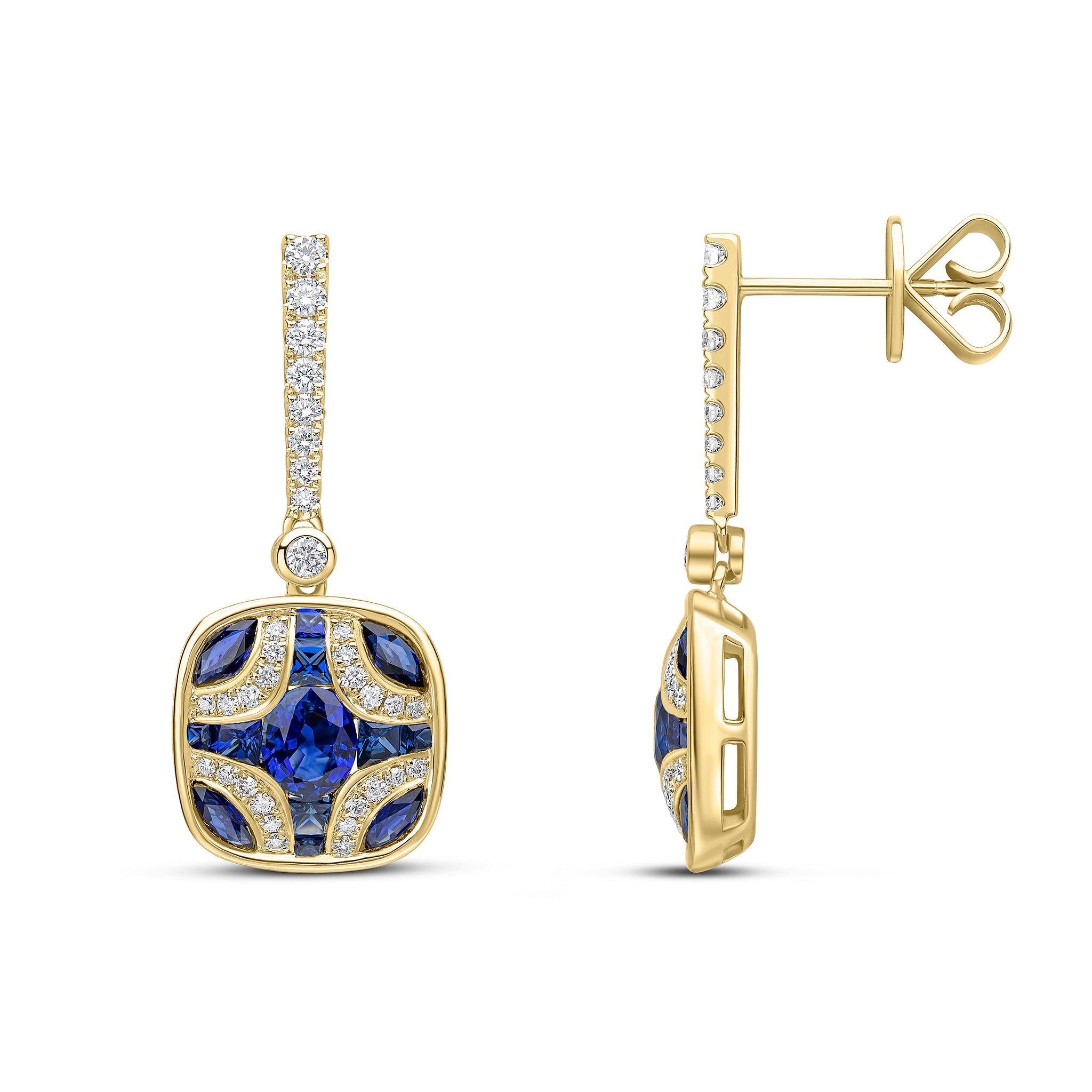 18ct Yellow Gold Sapphire and Diamond Shield & Diamond Line Top Drop Earrings