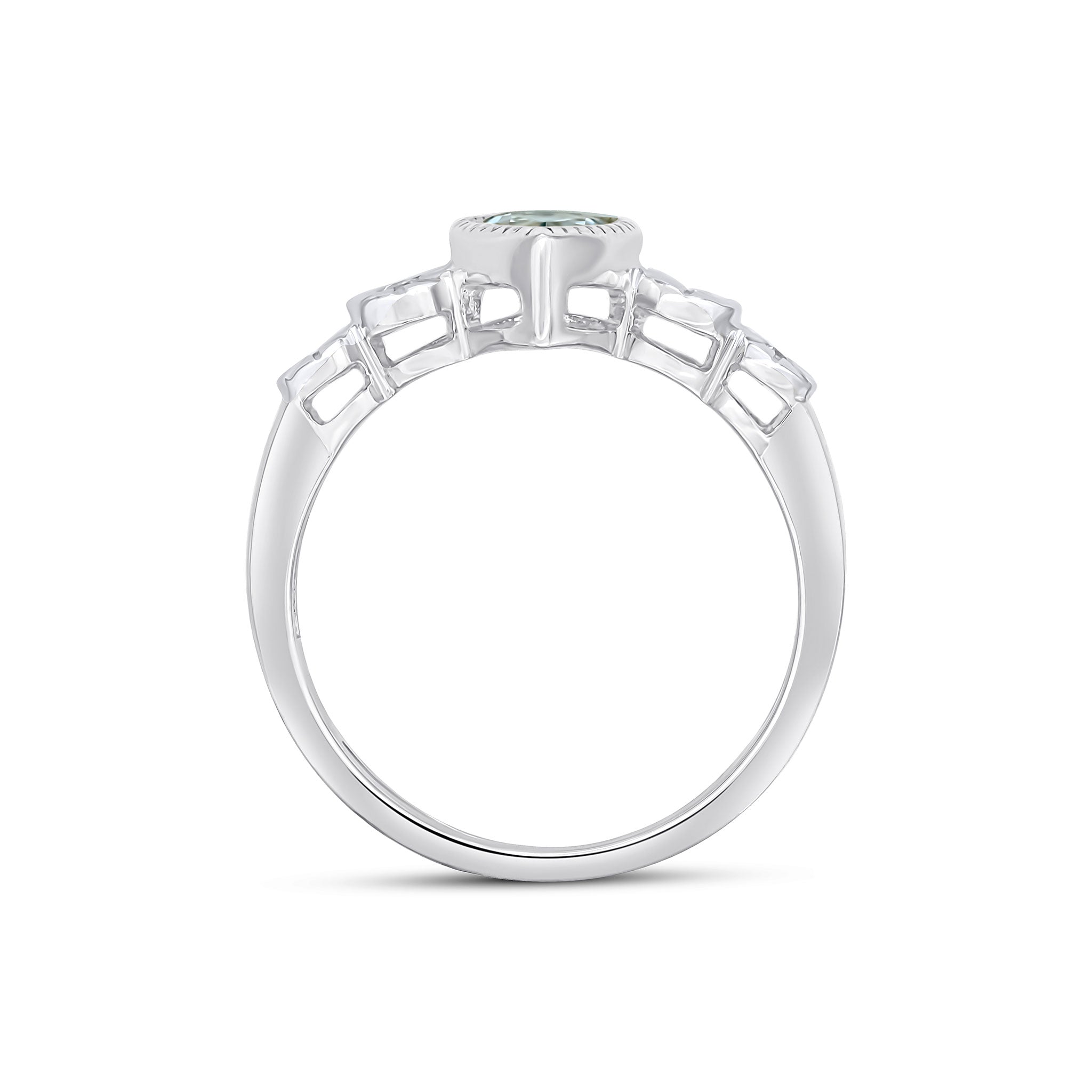 9CT WHITE GOLD MILLEGRAIN PEARSHAPE AQUA AND ILLUSION DIAMOND 4ST SHOULDERS RING. 1