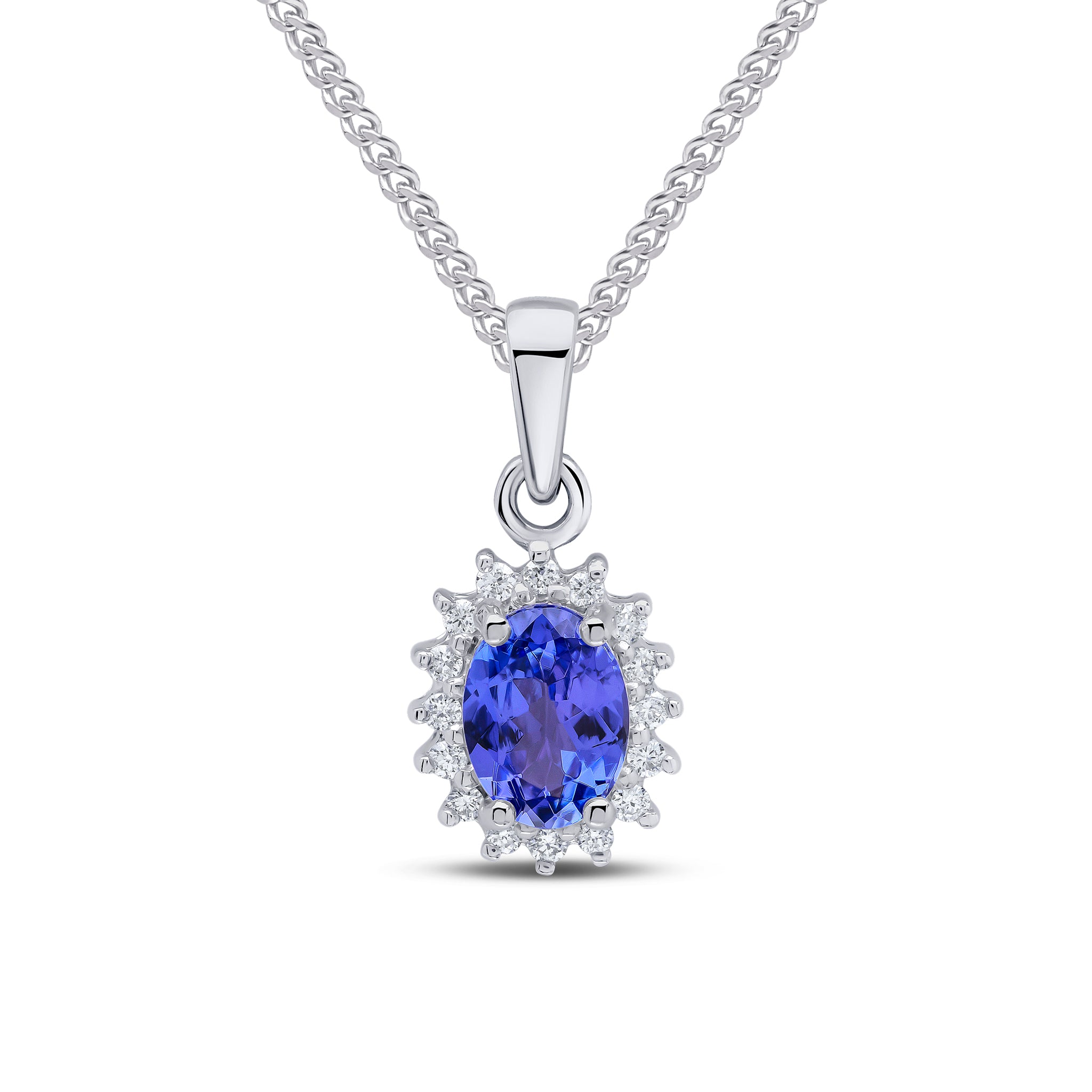 9ct White Gold 7x5 Oval Tanzanite & Diamond Claw Set Cluster Pendant