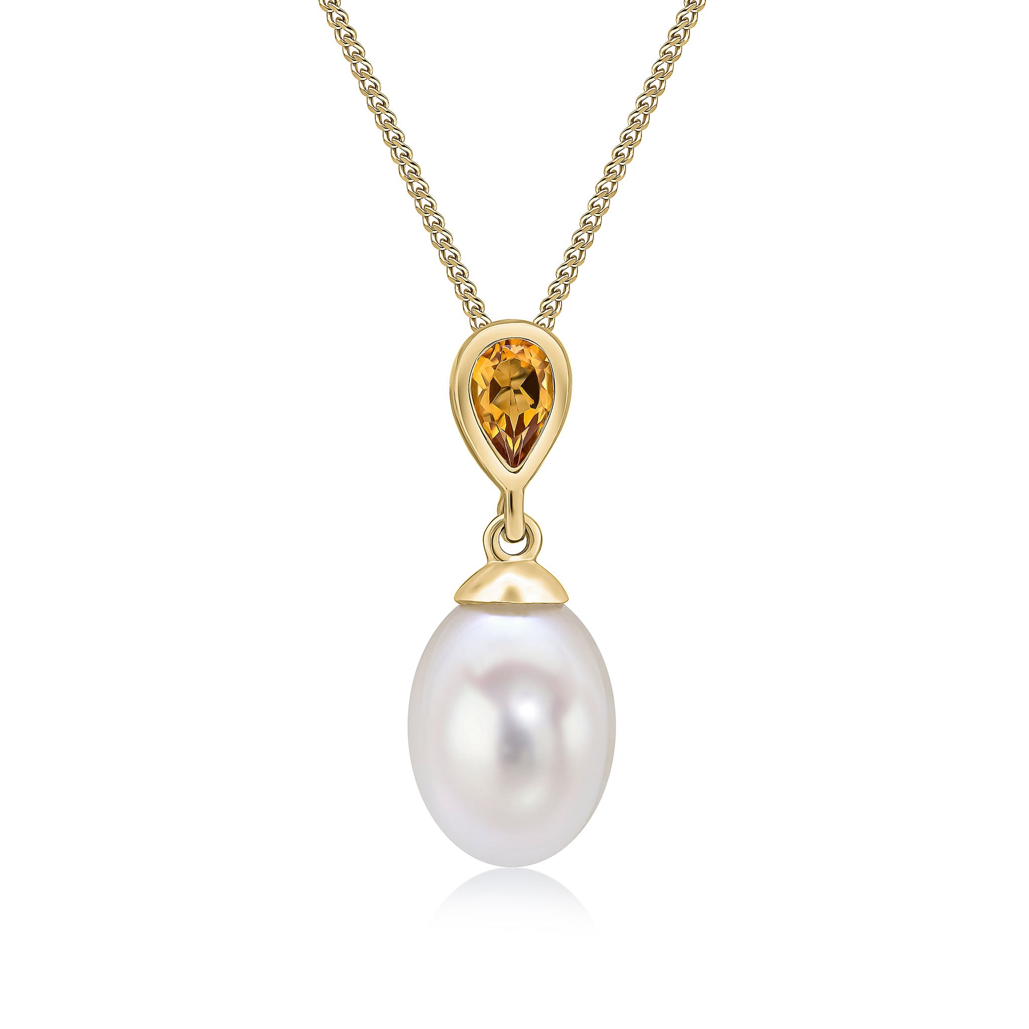 9ct Yellow Gold Pearl & Single Pear Shape Citrine Drop Pendant
